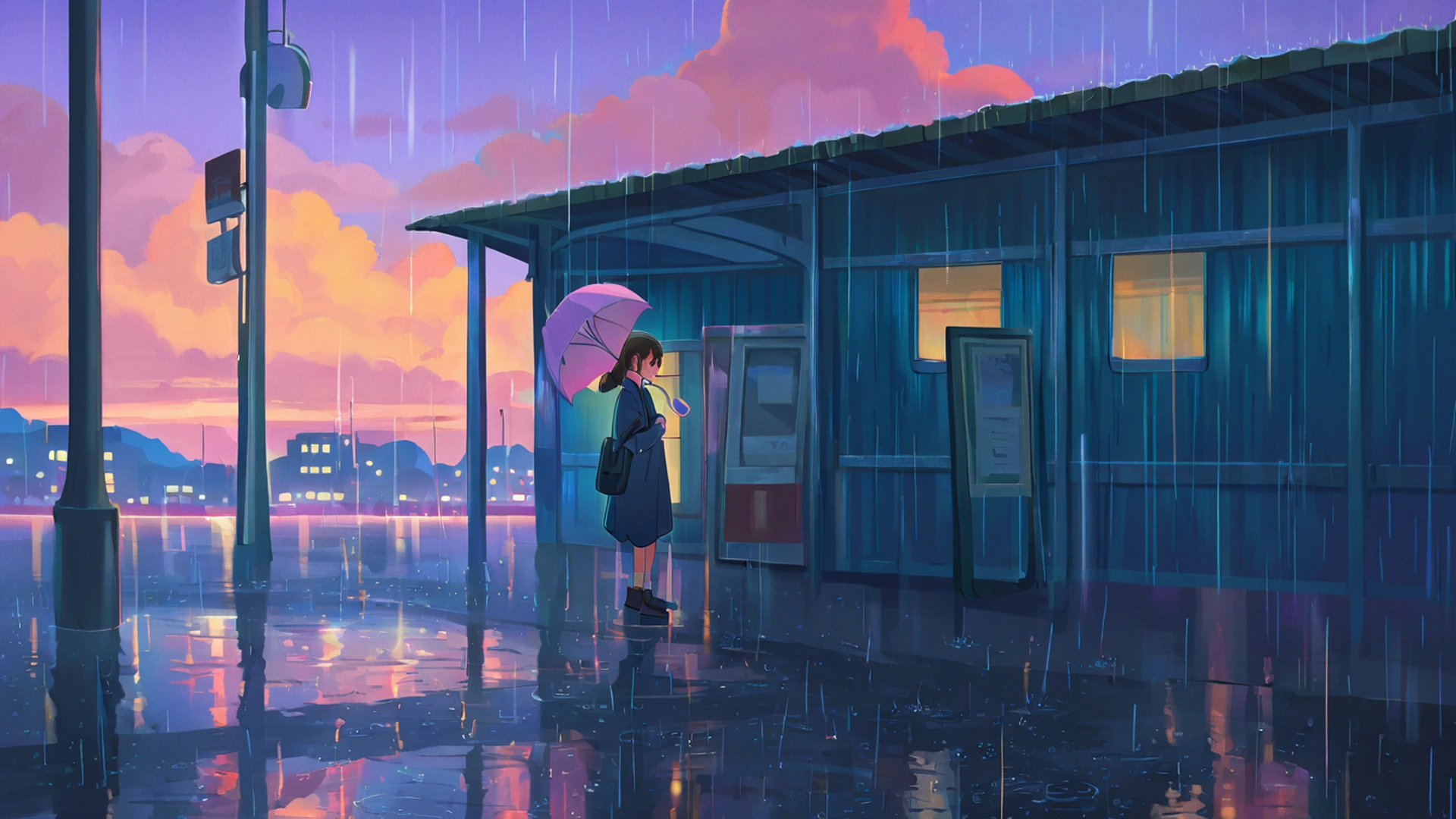 rainy bus stop lofi wallpaper
