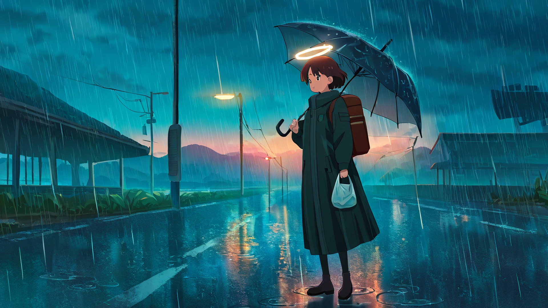 rainy bus stop lofi wallpaper