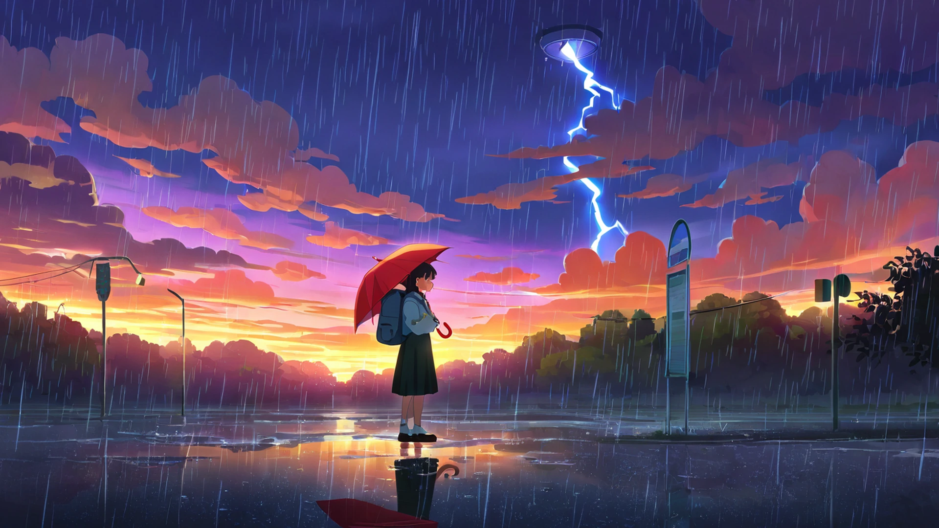 rainy bus stop lofi wallpaper