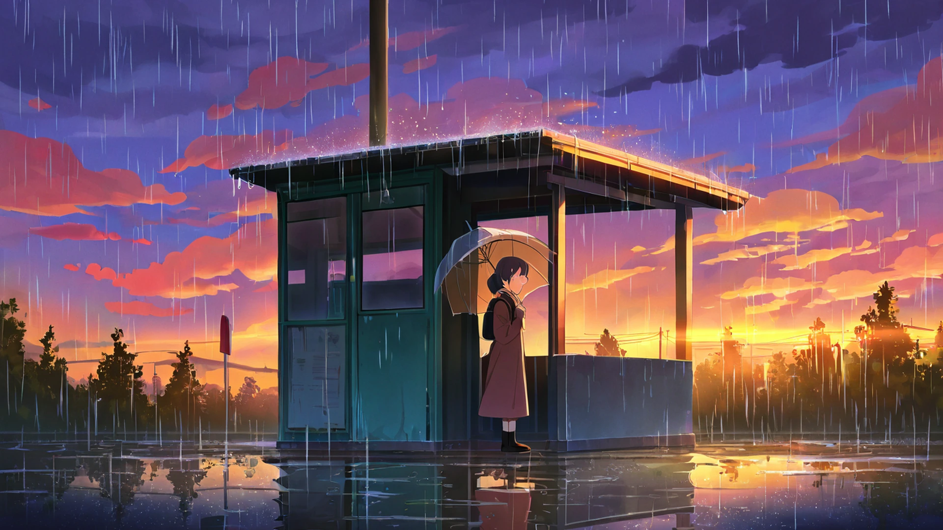 rainy bus stop lofi wallpaper