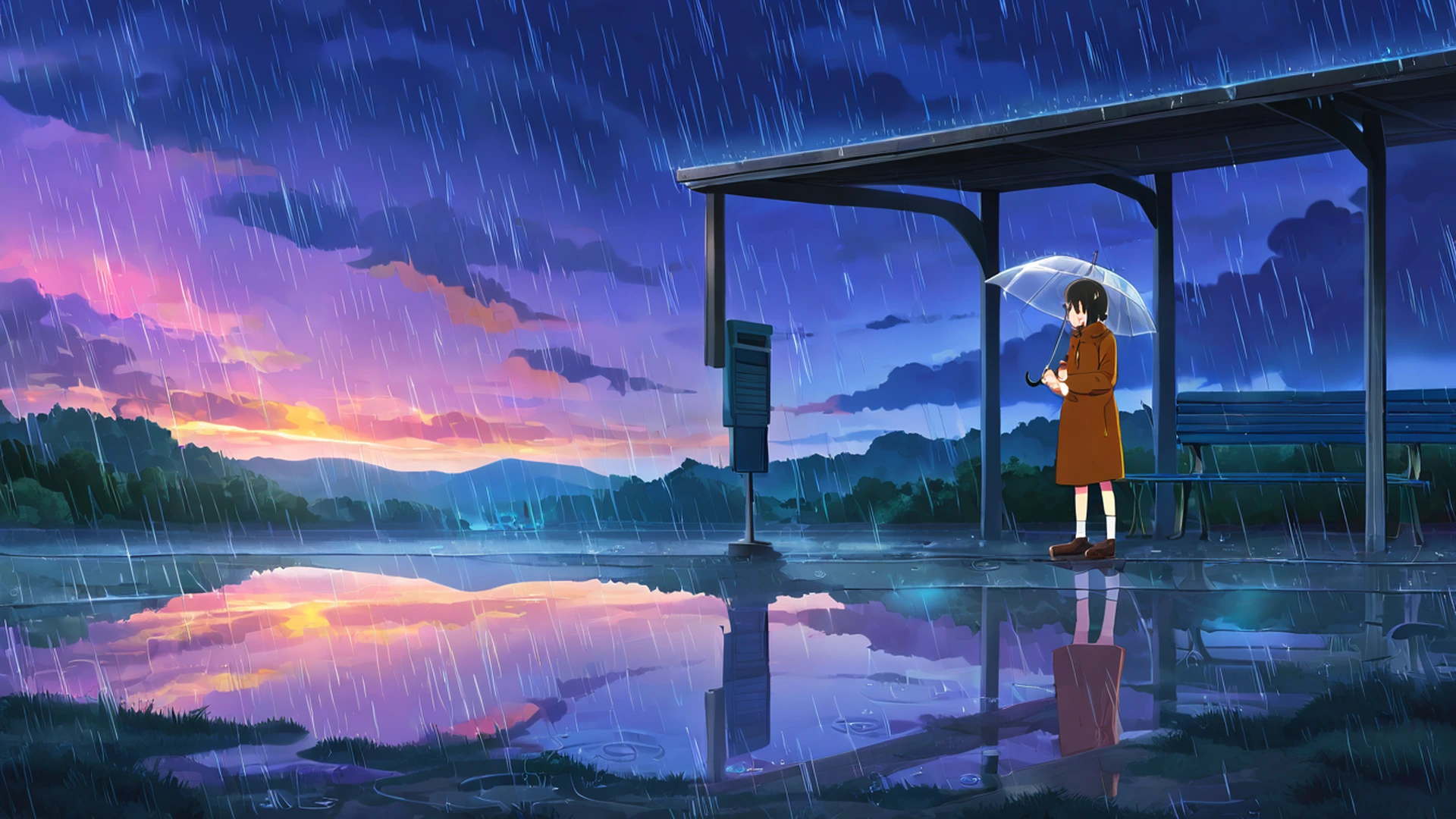 rainy bus stop lofi wallpaper