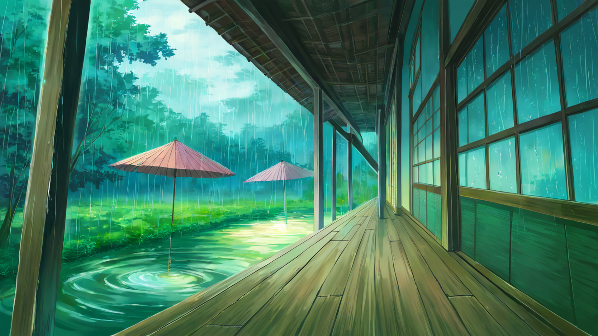 rainy porch engawa lofi wallpaper