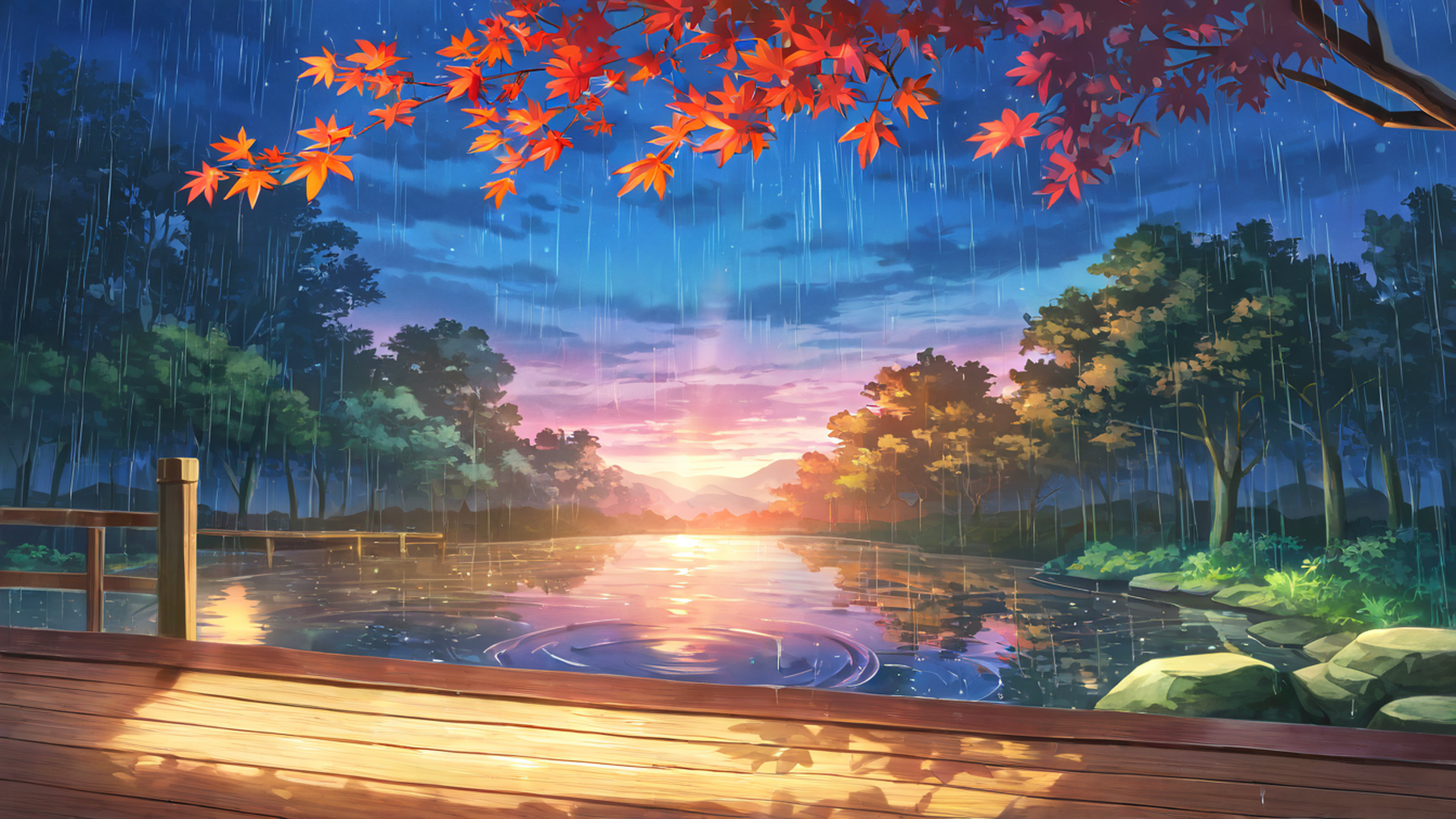 rainy porch engawa lofi wallpaper