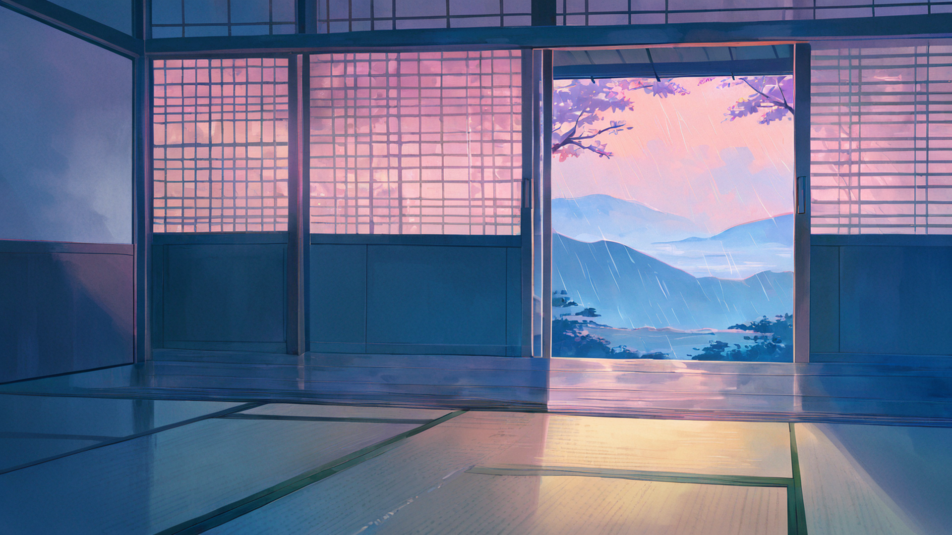 rainy porch engawa lofi wallpaper