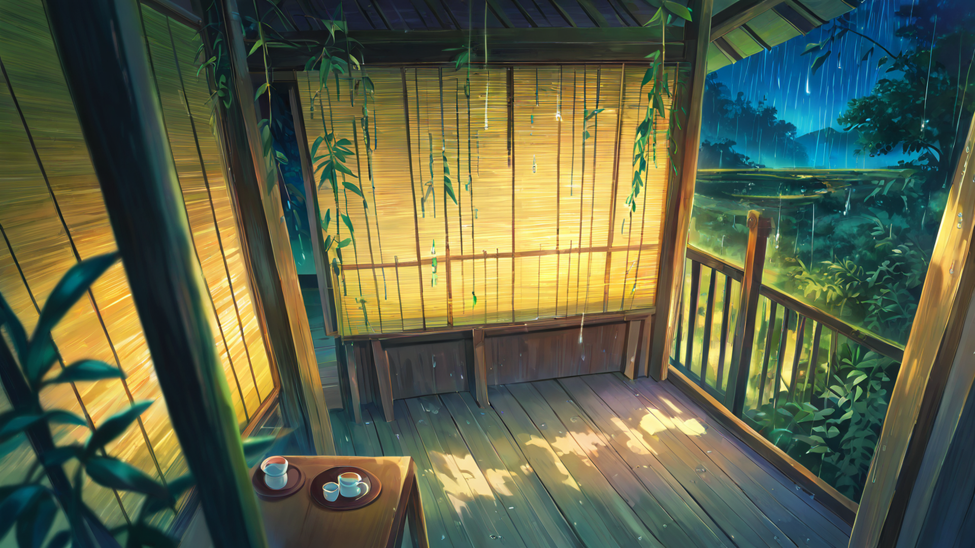 rainy porch engawa lofi wallpaper