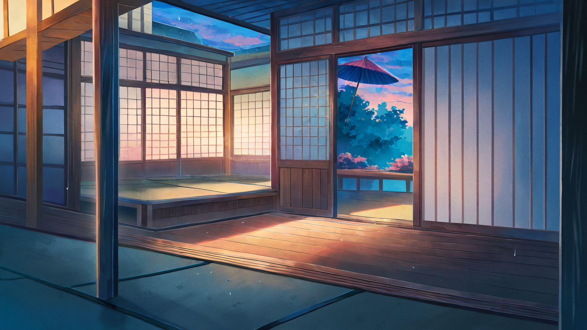 rainy porch engawa lofi wallpaper