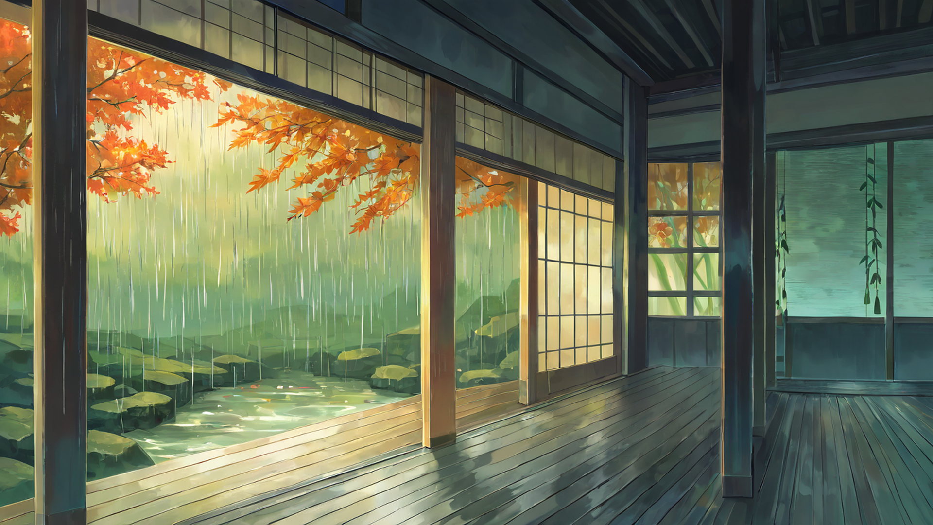 rainy porch engawa lofi wallpaper