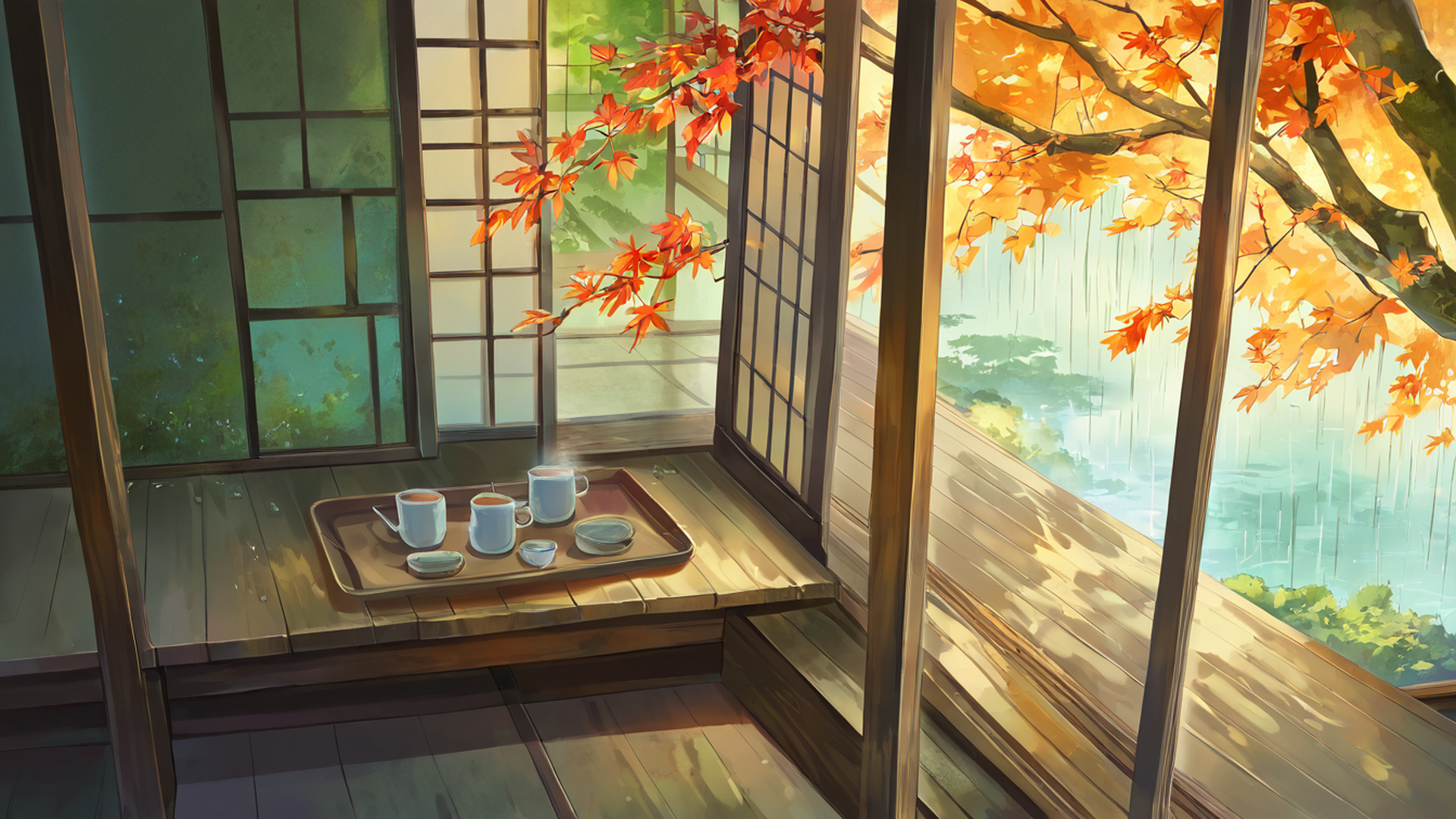 rainy porch engawa lofi wallpaper