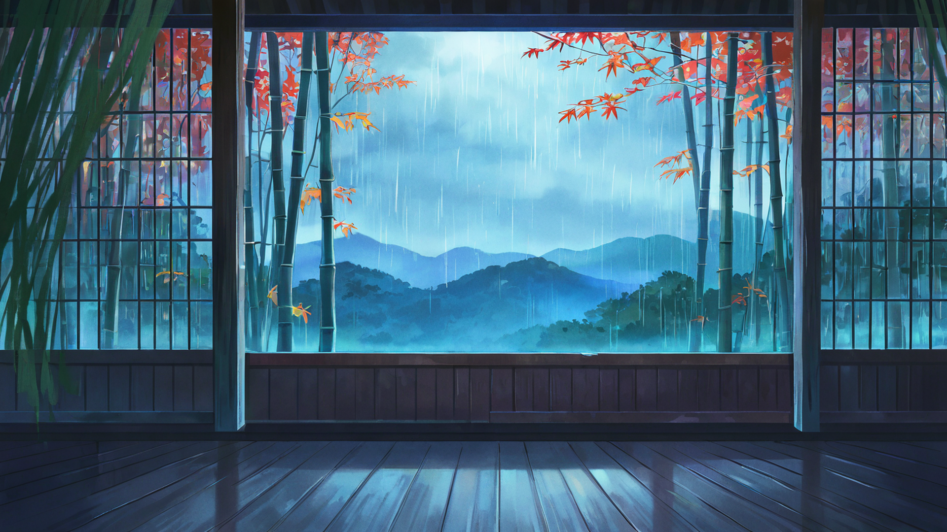 rainy porch engawa lofi wallpaper