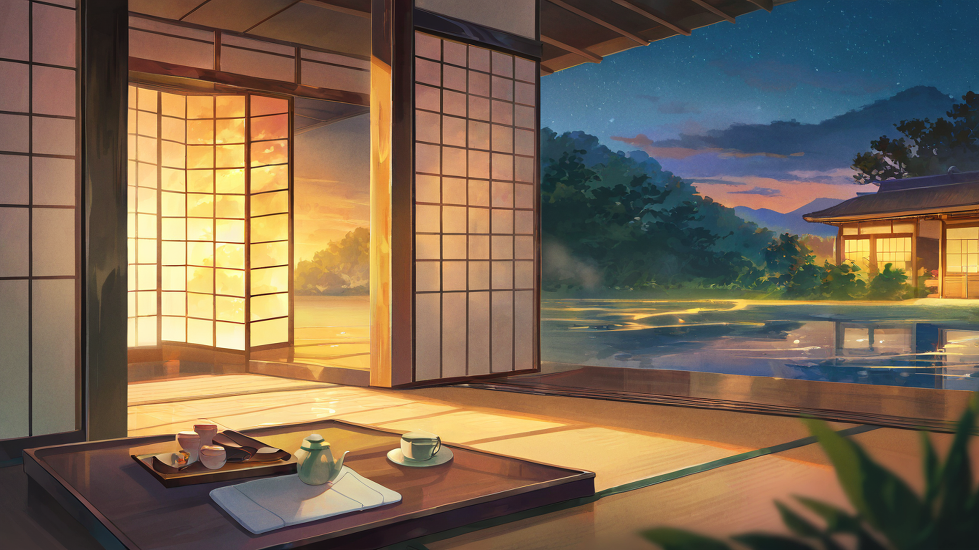 rainy porch engawa lofi wallpaper