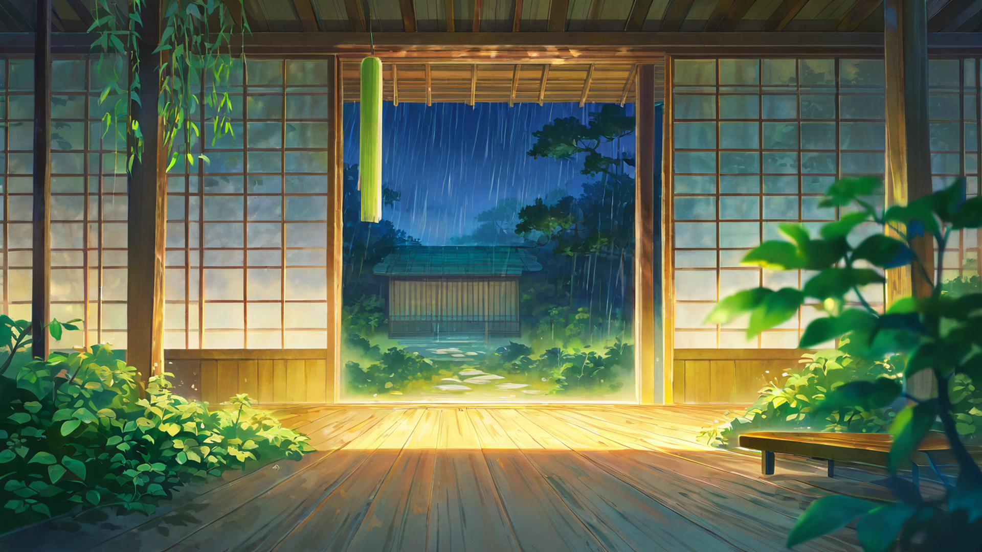 rainy porch engawa lofi wallpaper