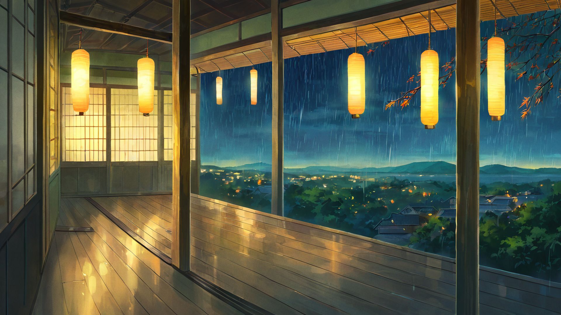 rainy porch engawa lofi wallpaper