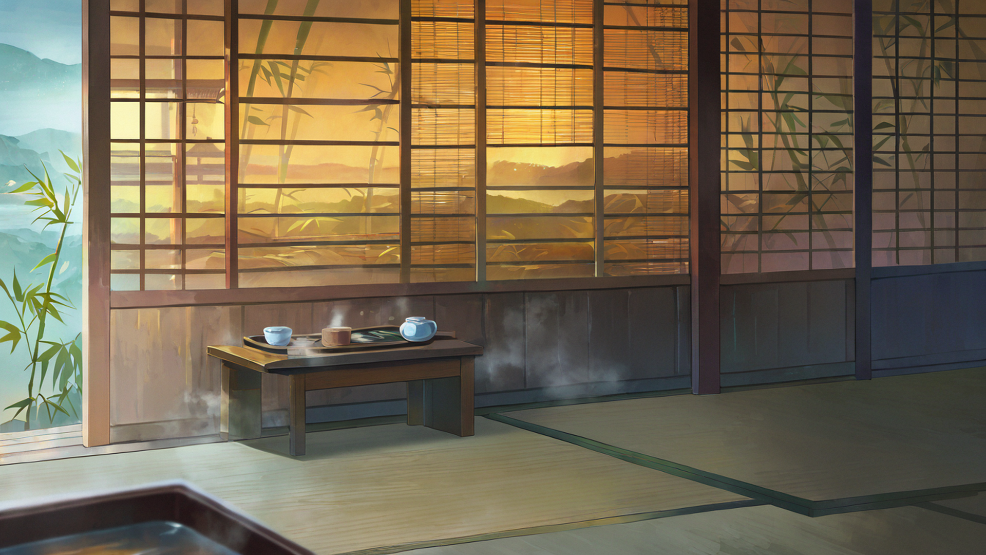 rainy porch engawa lofi wallpaper