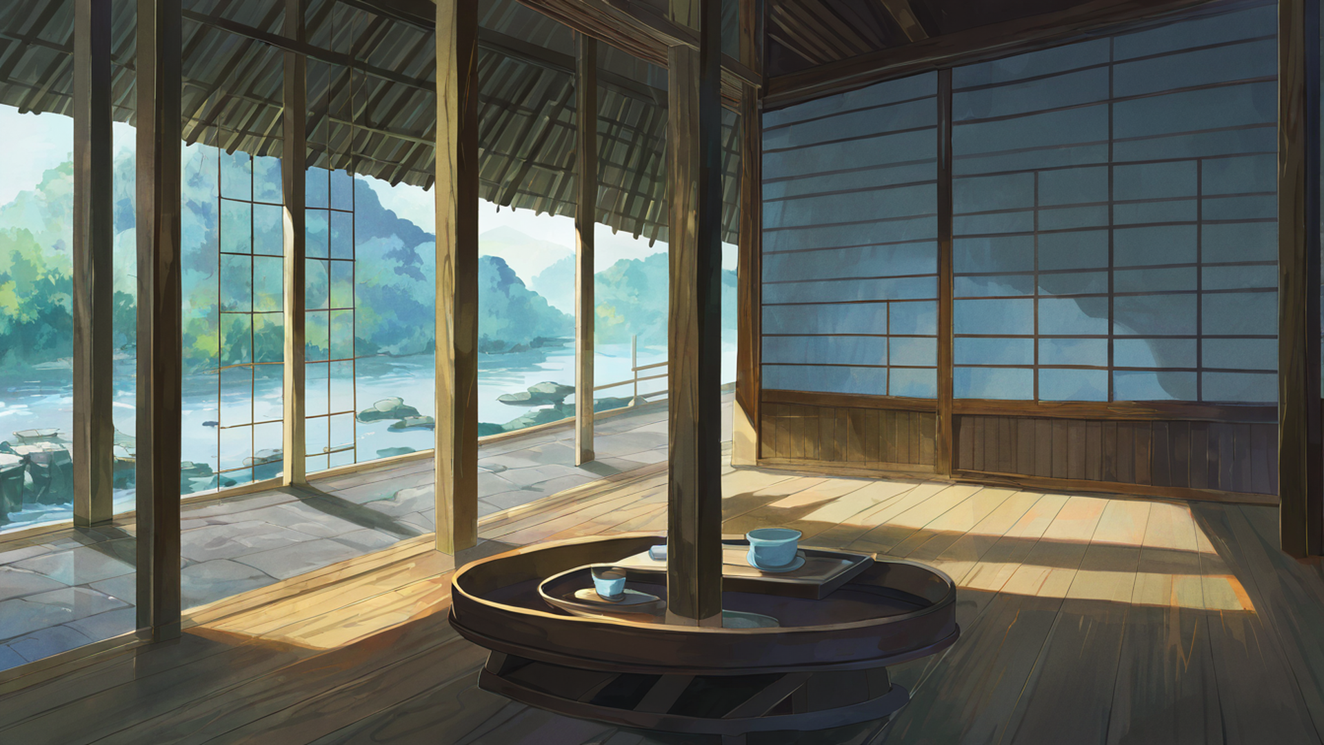 rainy porch engawa lofi wallpaper