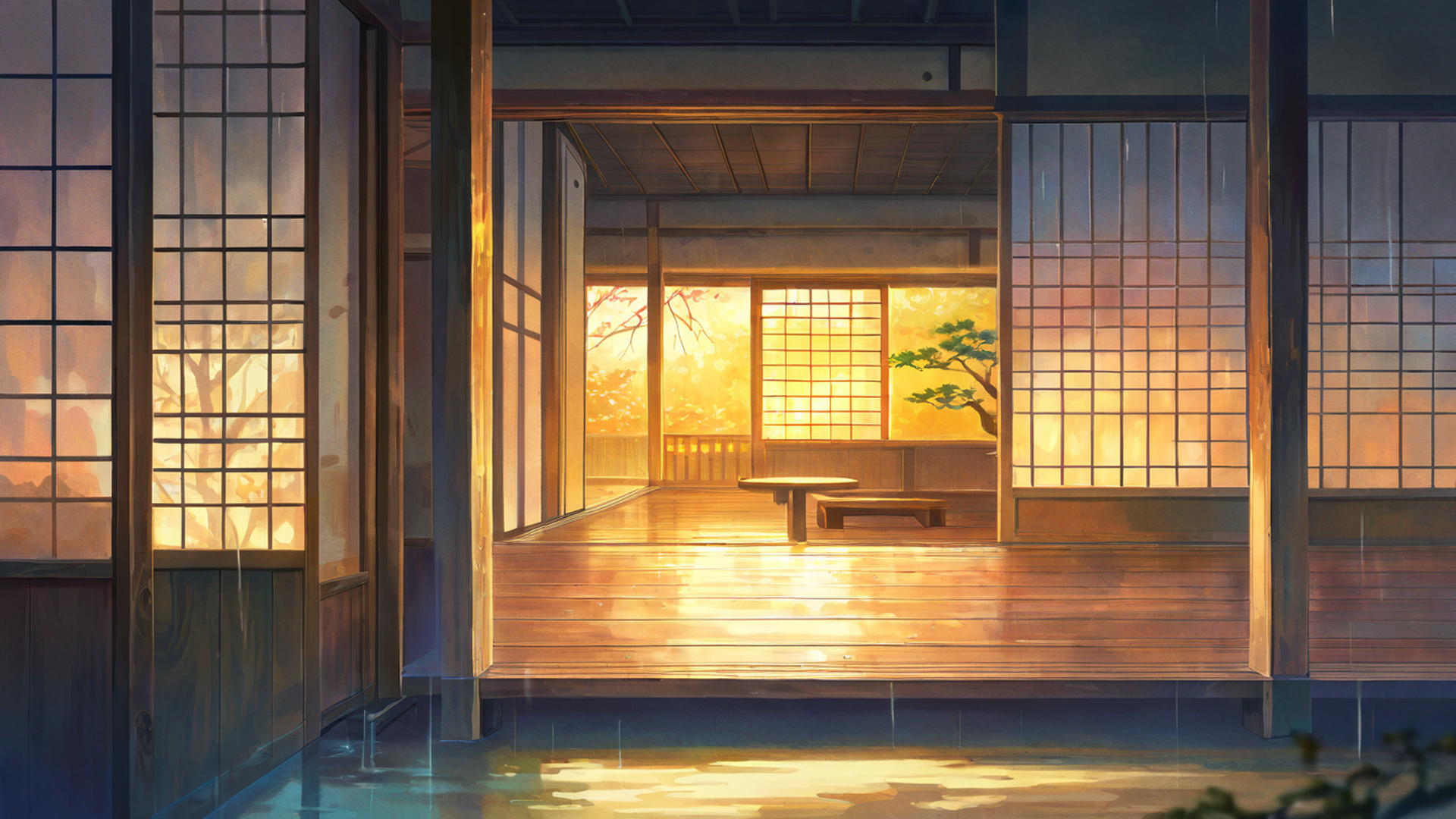 rainy porch engawa lofi wallpaper
