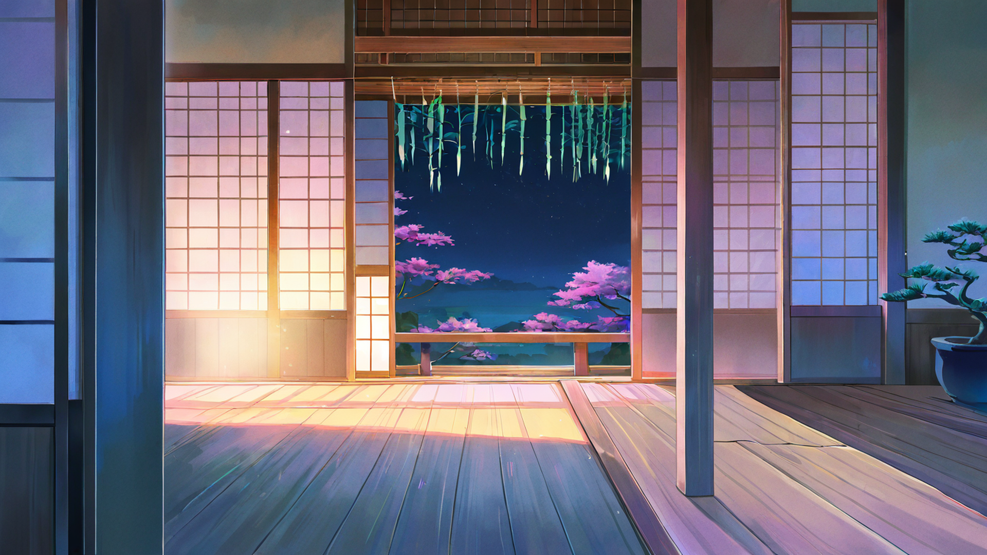 rainy porch engawa lofi wallpaper