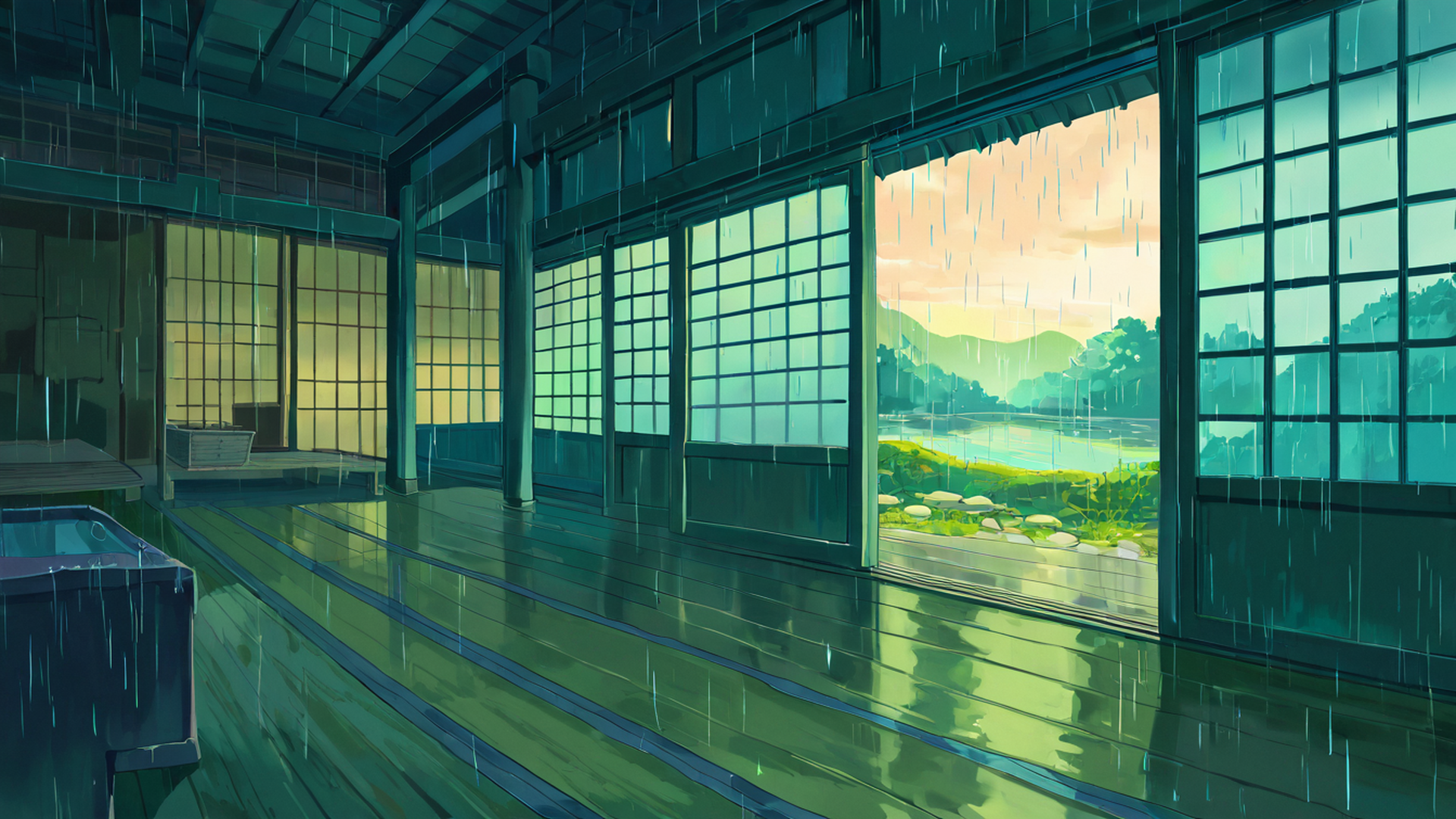 rainy porch engawa lofi wallpaper