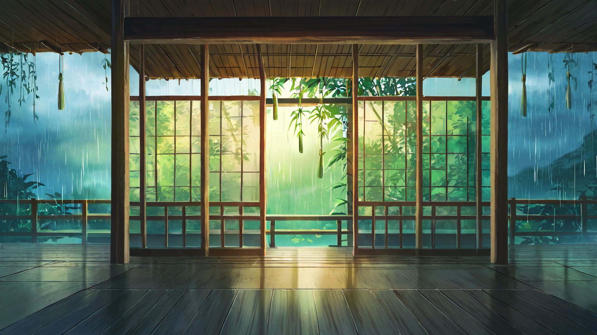 rainy porch engawa lofi wallpaper
