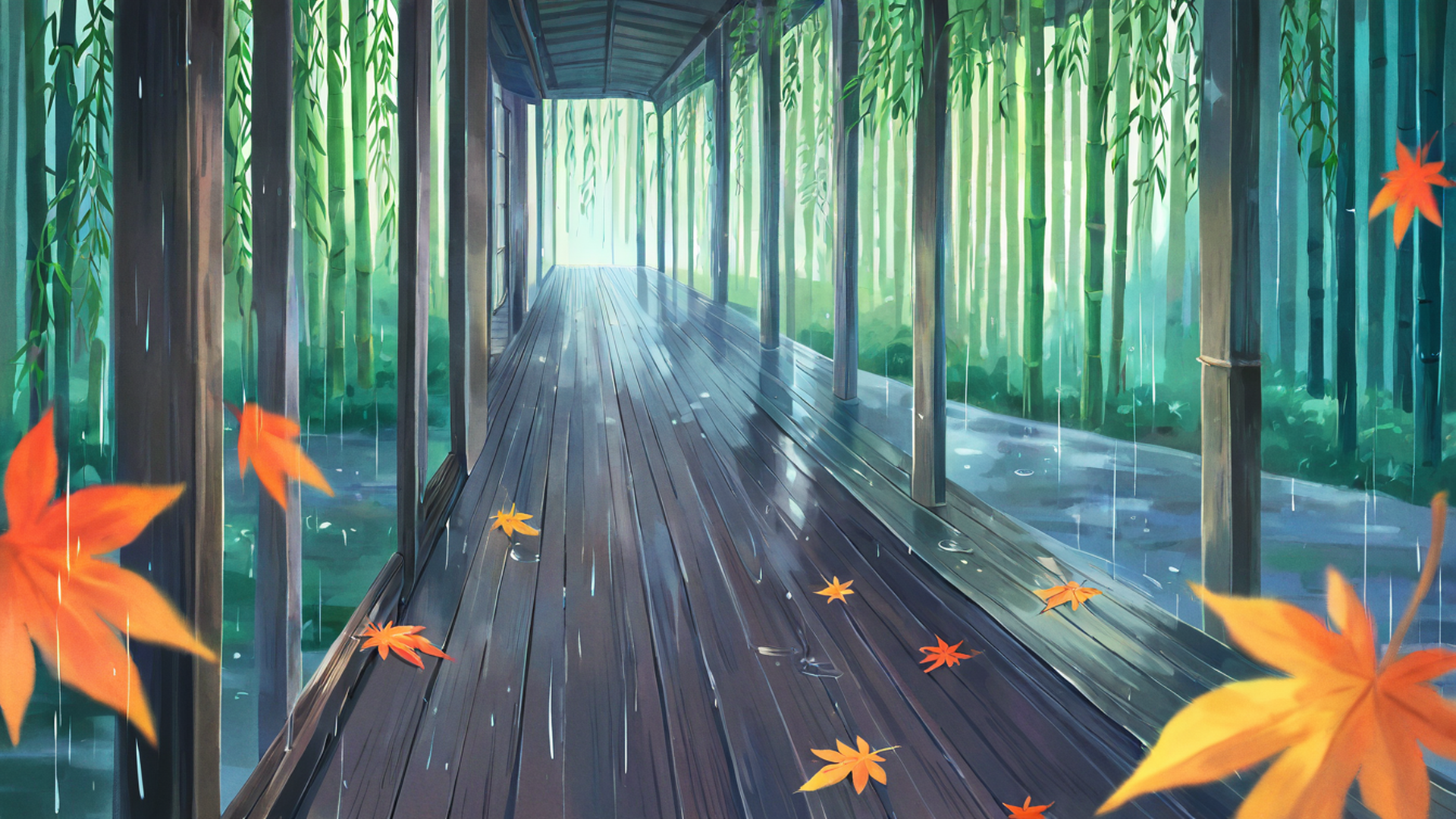 rainy porch engawa lofi wallpaper