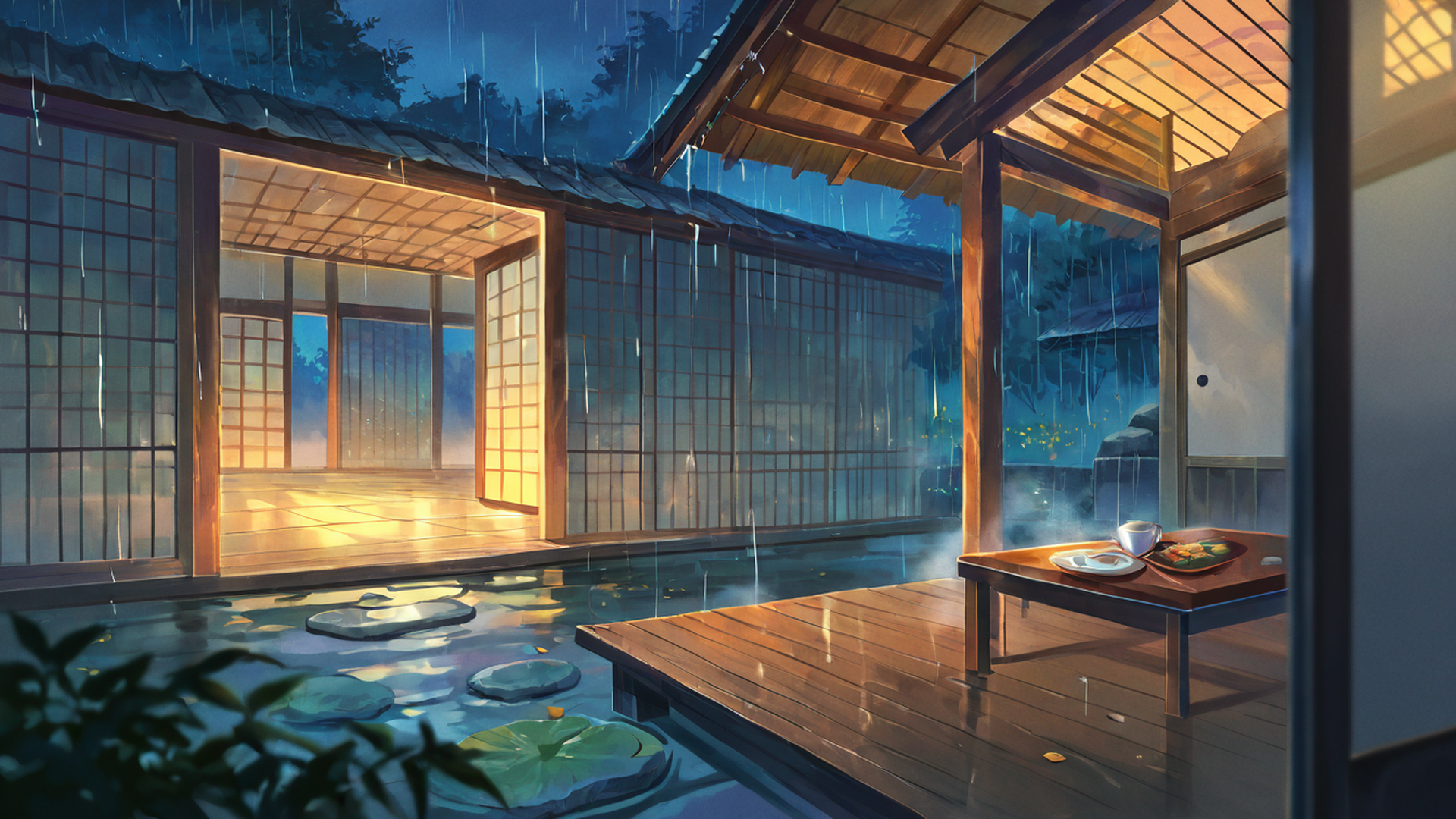 rainy porch engawa lofi wallpaper