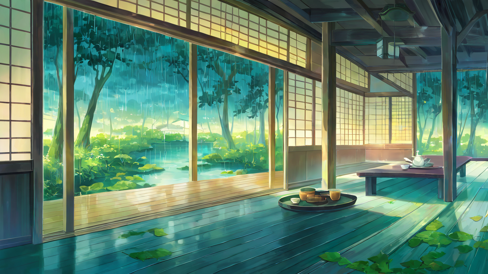 rainy porch engawa lofi wallpaper