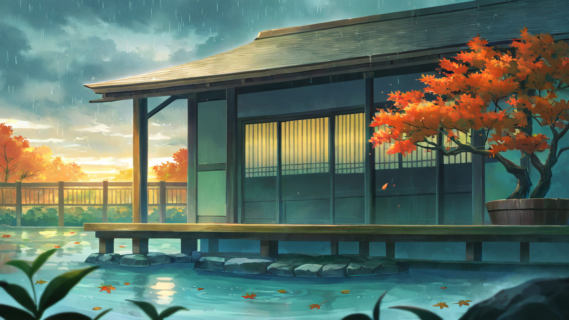 rainy porch engawa lofi wallpaper