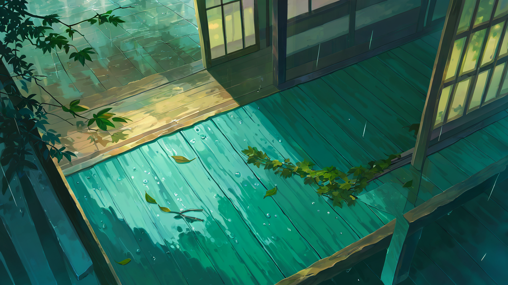 rainy porch engawa lofi wallpaper