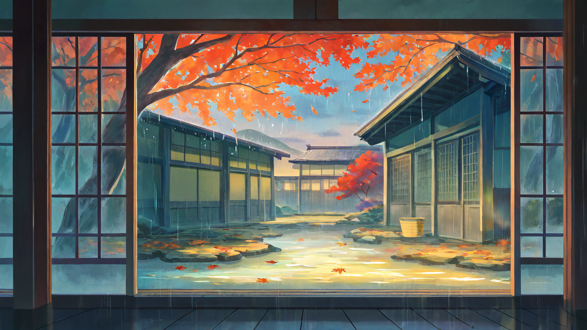 rainy porch engawa lofi wallpaper