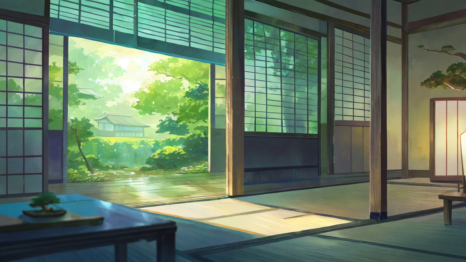 rainy porch engawa lofi wallpaper