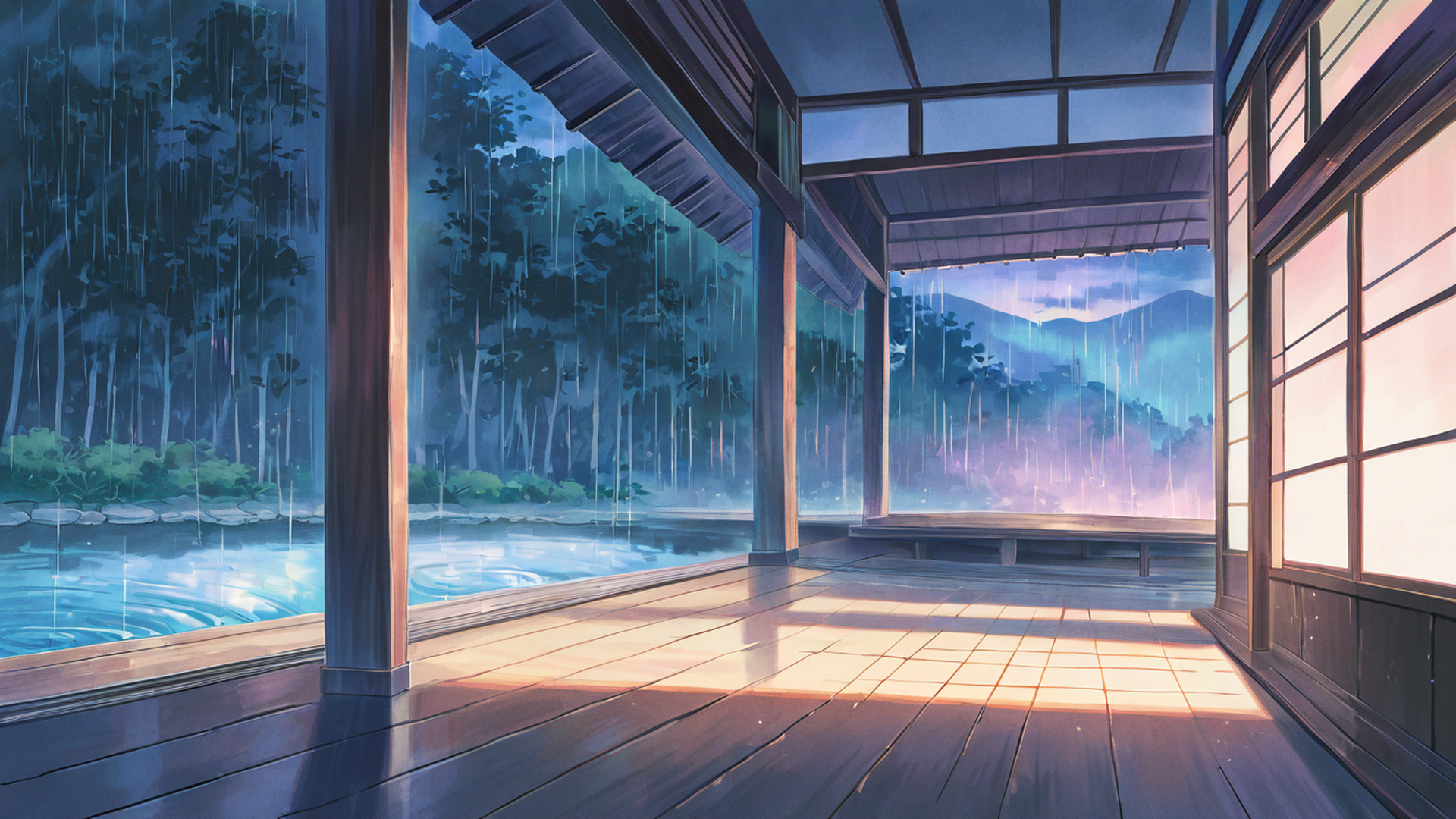 rainy porch engawa lofi wallpaper