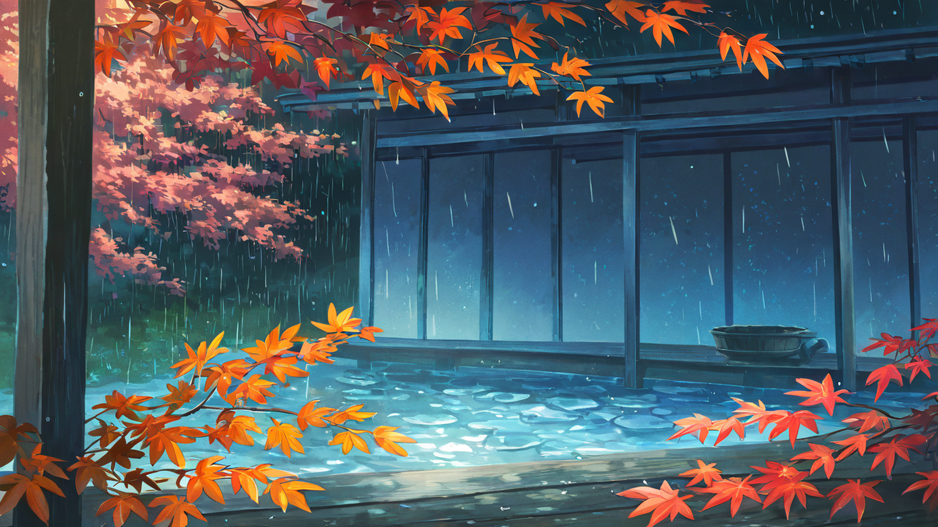 rainy porch engawa lofi wallpaper