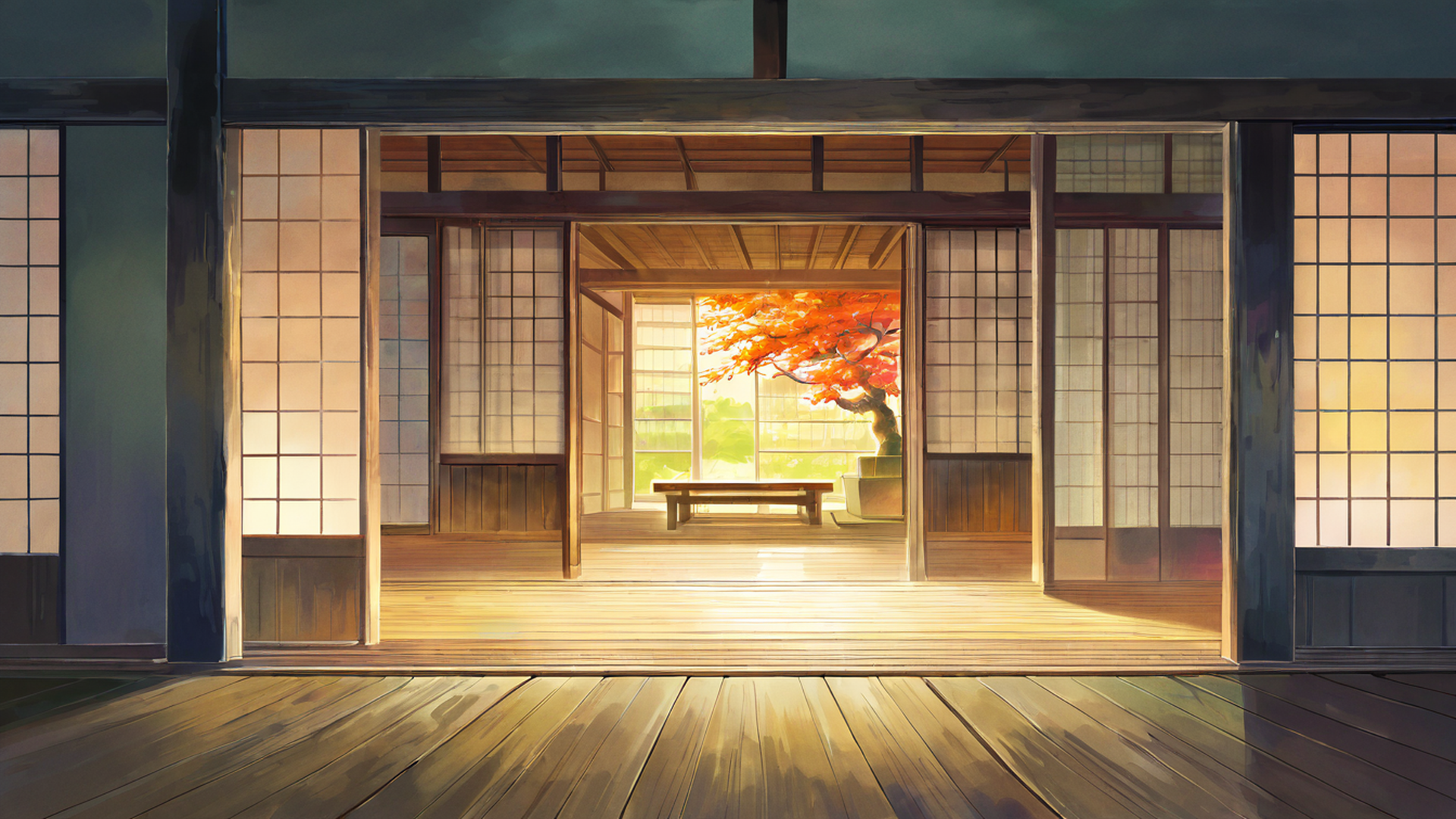 rainy porch engawa lofi wallpaper