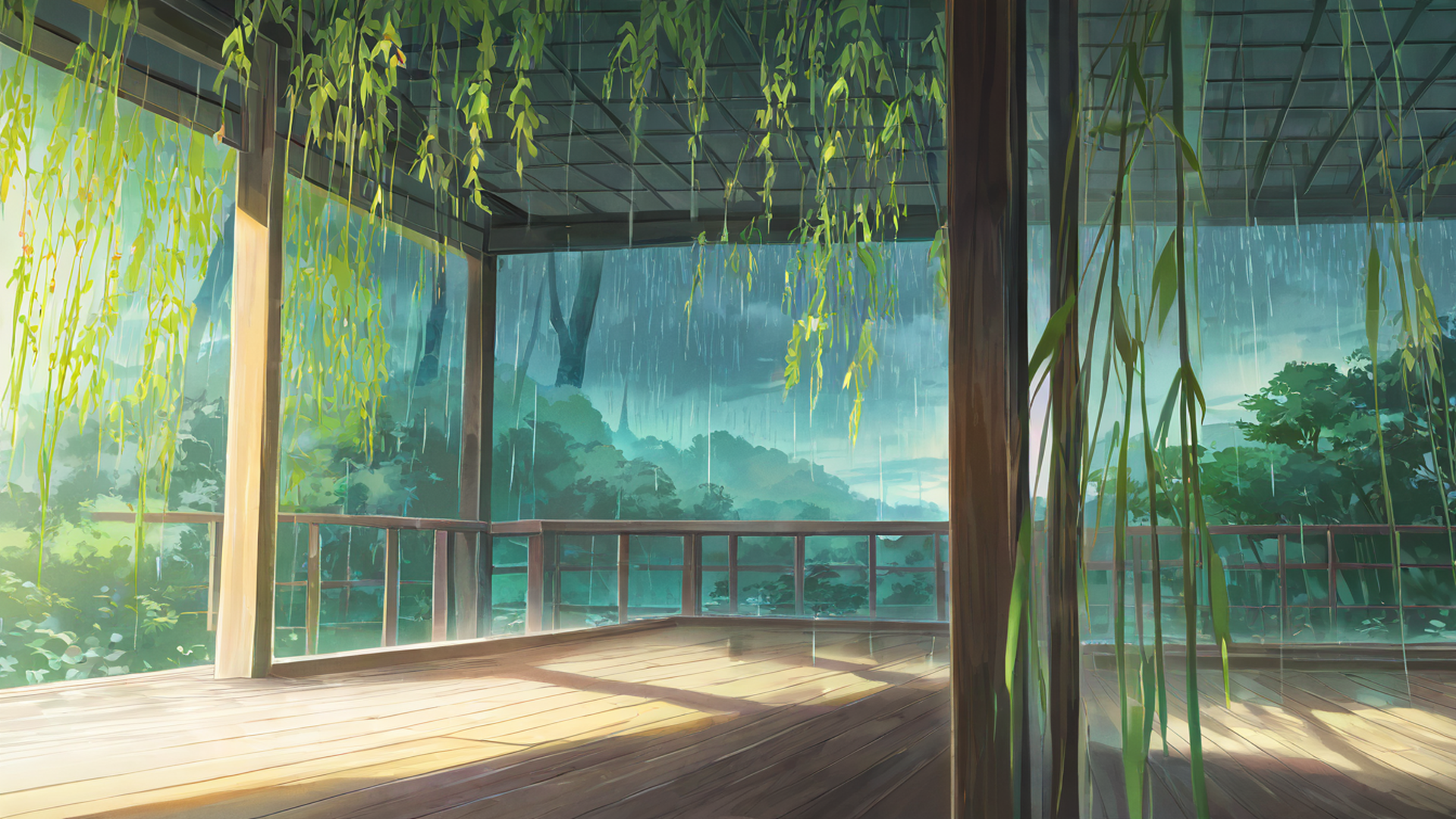 rainy porch engawa lofi wallpaper