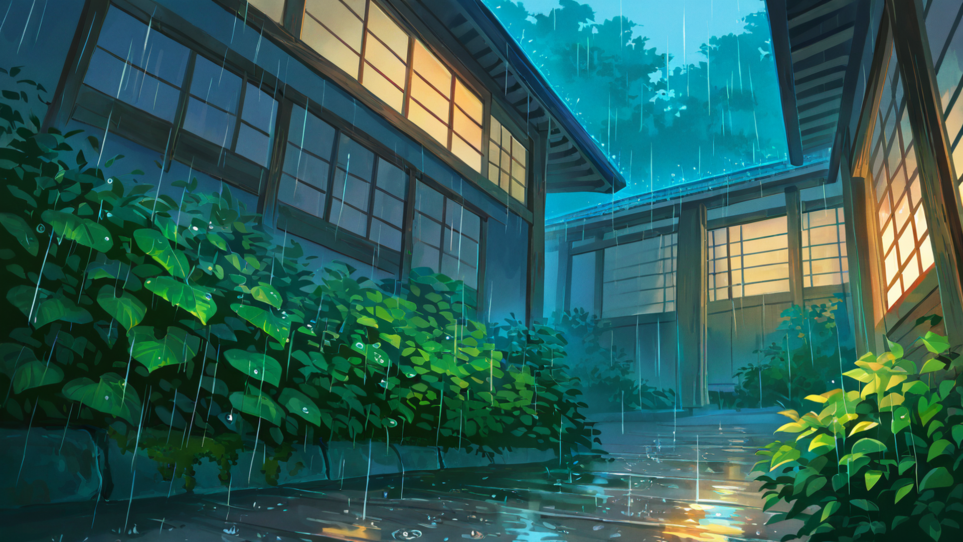 rainy porch engawa lofi wallpaper