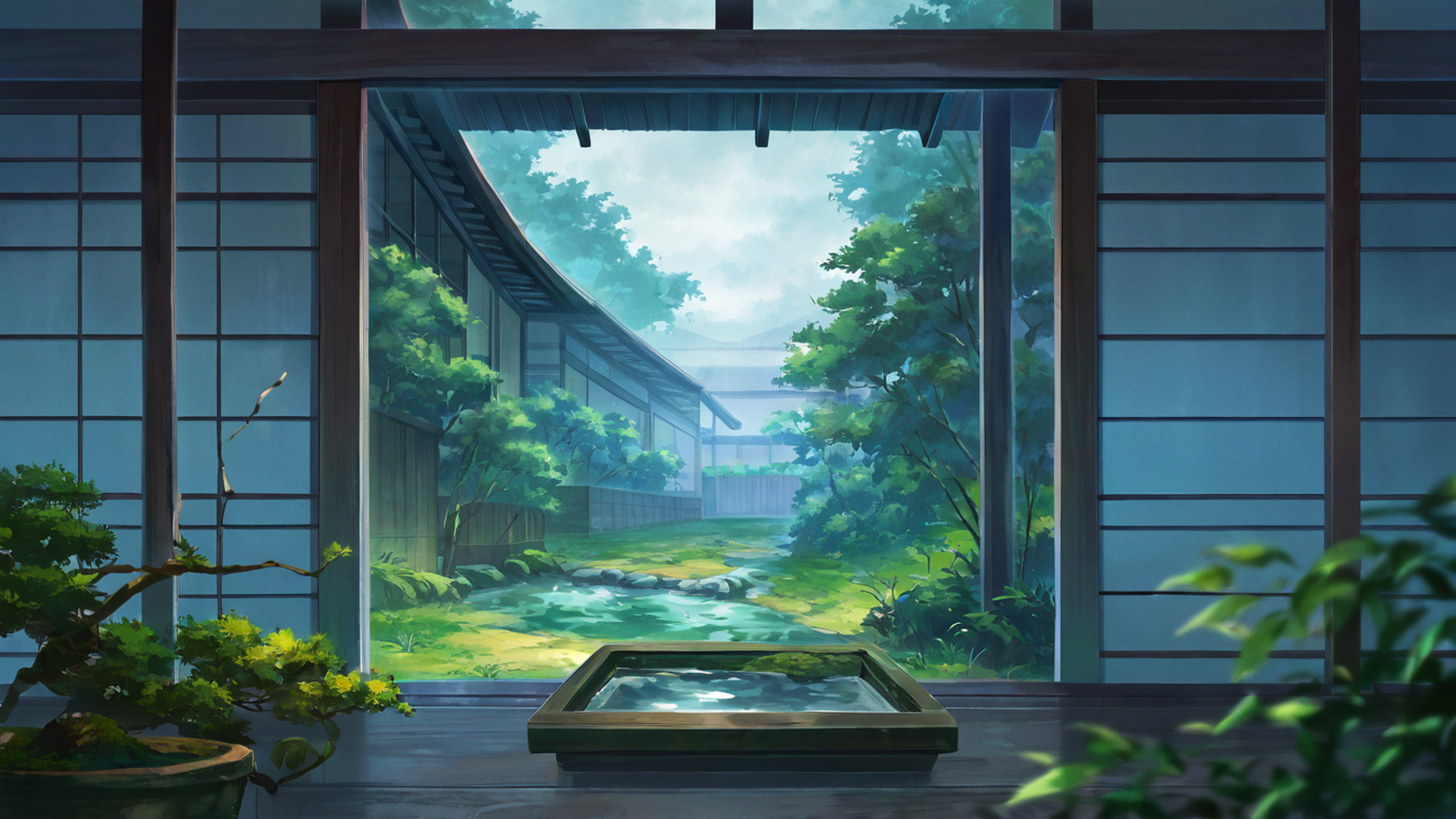 rainy porch engawa lofi wallpaper