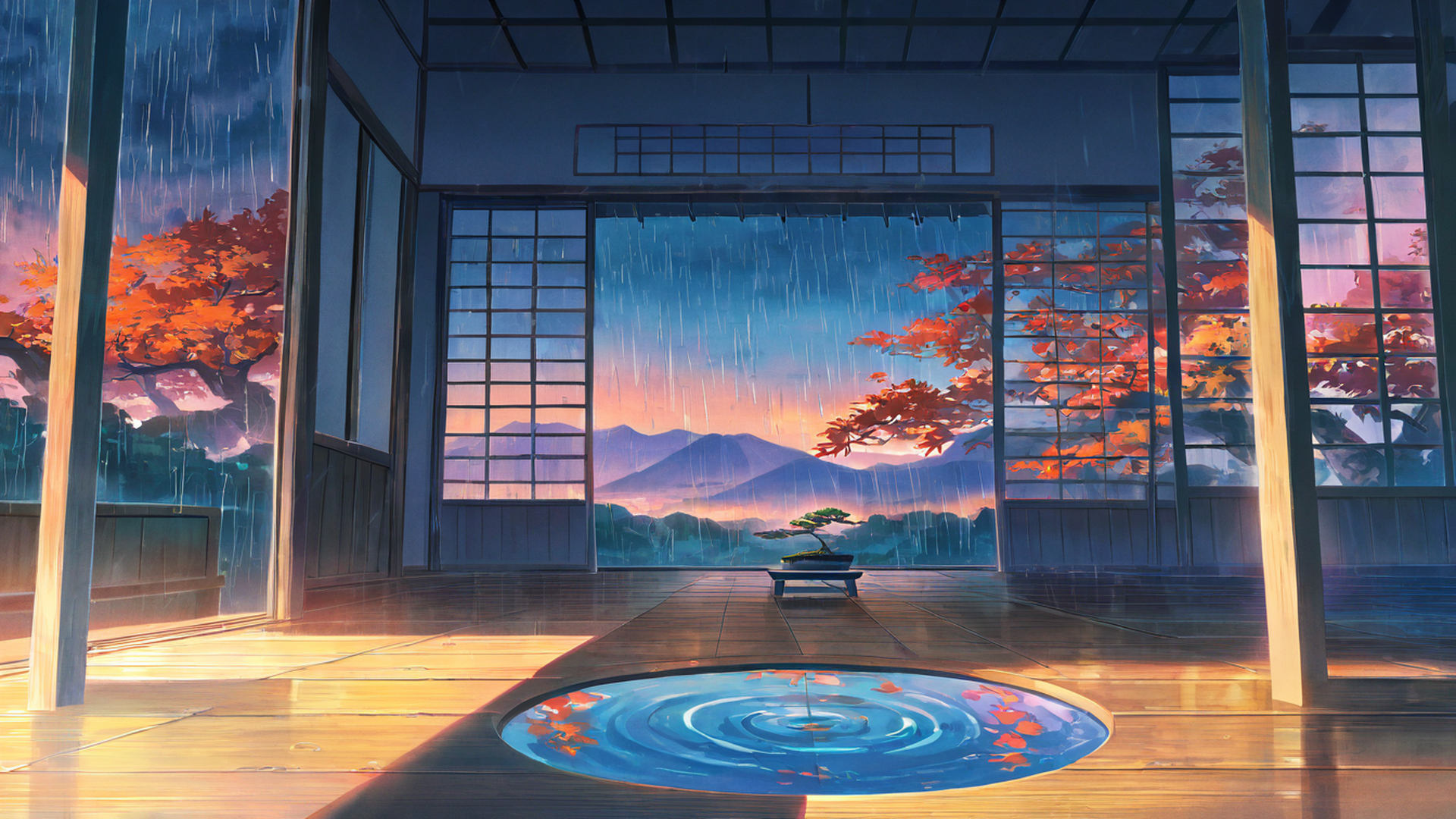 rainy porch engawa lofi wallpaper