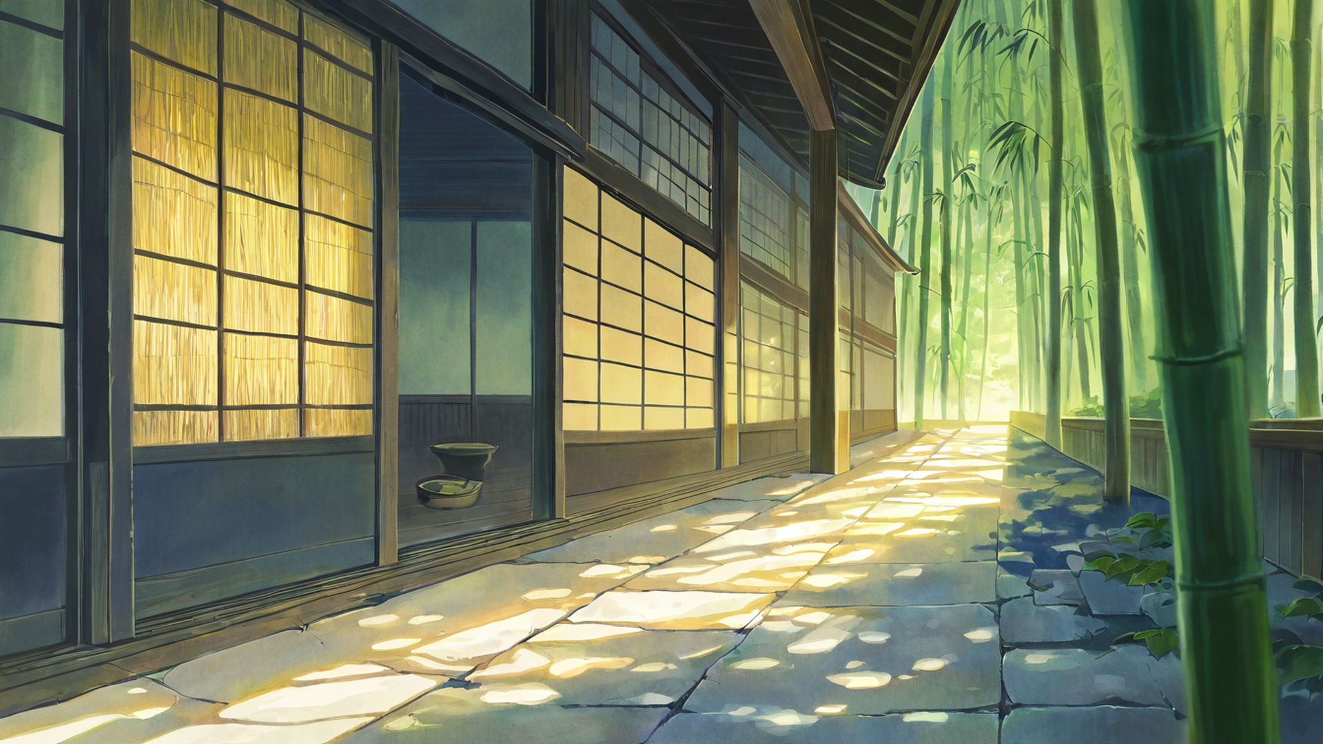 rainy porch engawa lofi wallpaper