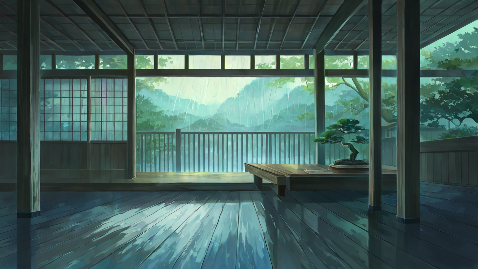 rainy porch engawa lofi wallpaper