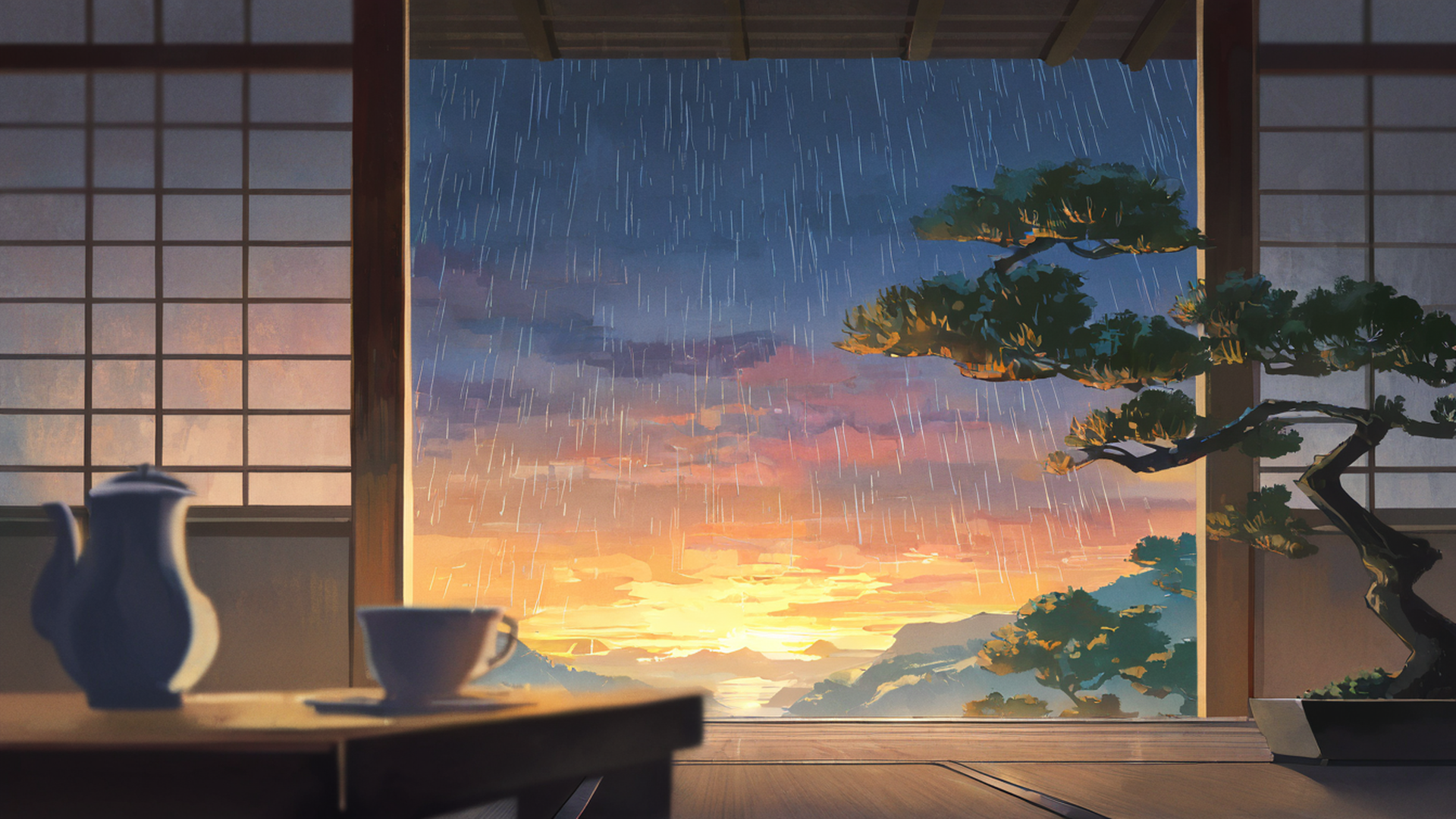 rainy porch engawa lofi wallpaper