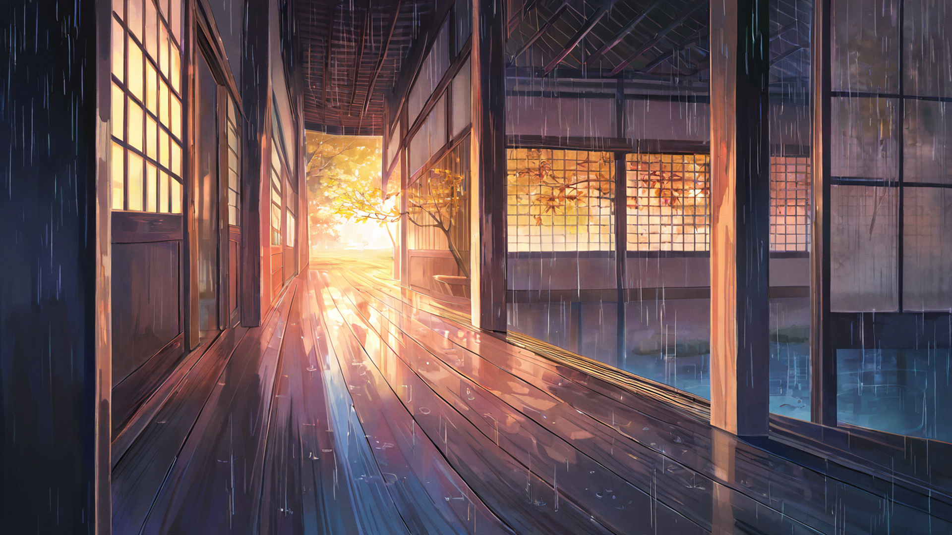 rainy porch engawa lofi wallpaper