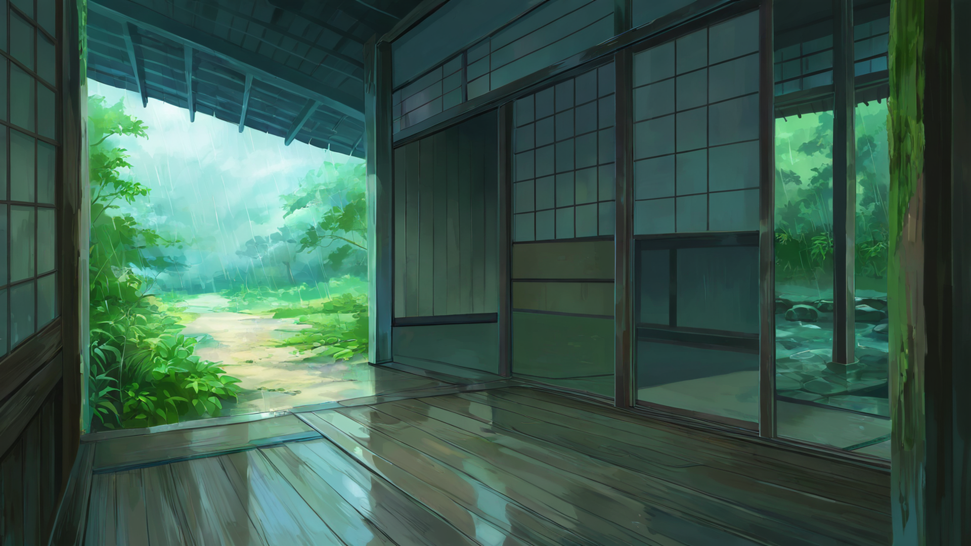 rainy porch engawa lofi wallpaper