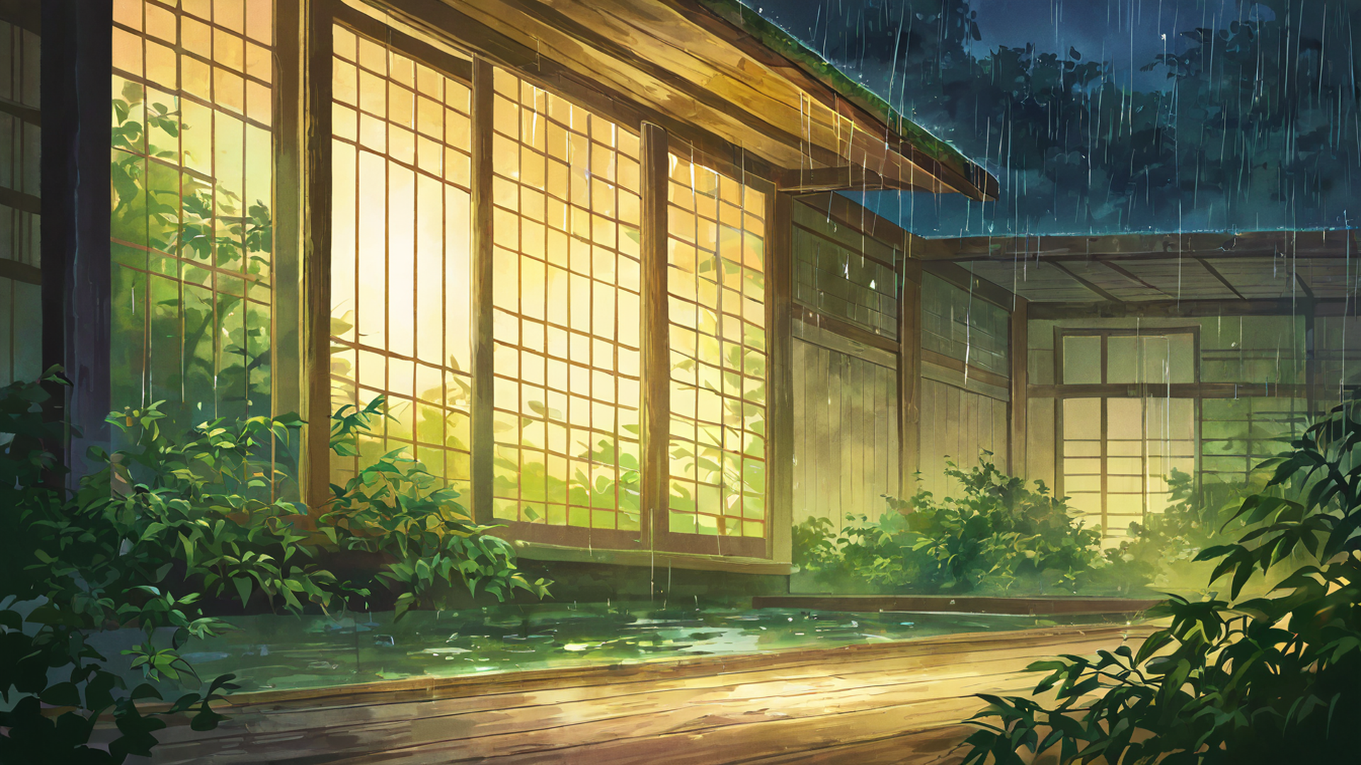 rainy porch engawa lofi wallpaper