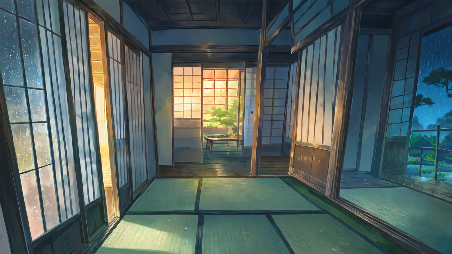 rainy porch engawa lofi wallpaper