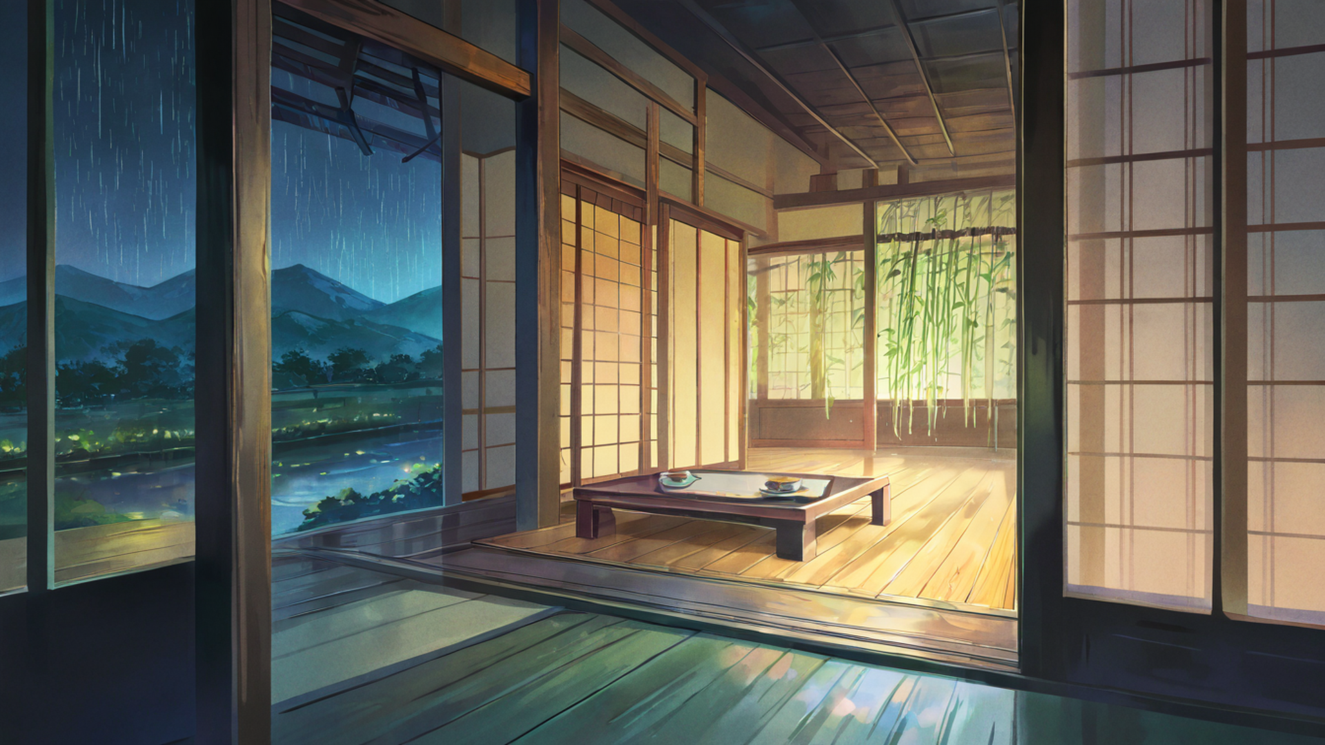 rainy porch engawa lofi wallpaper