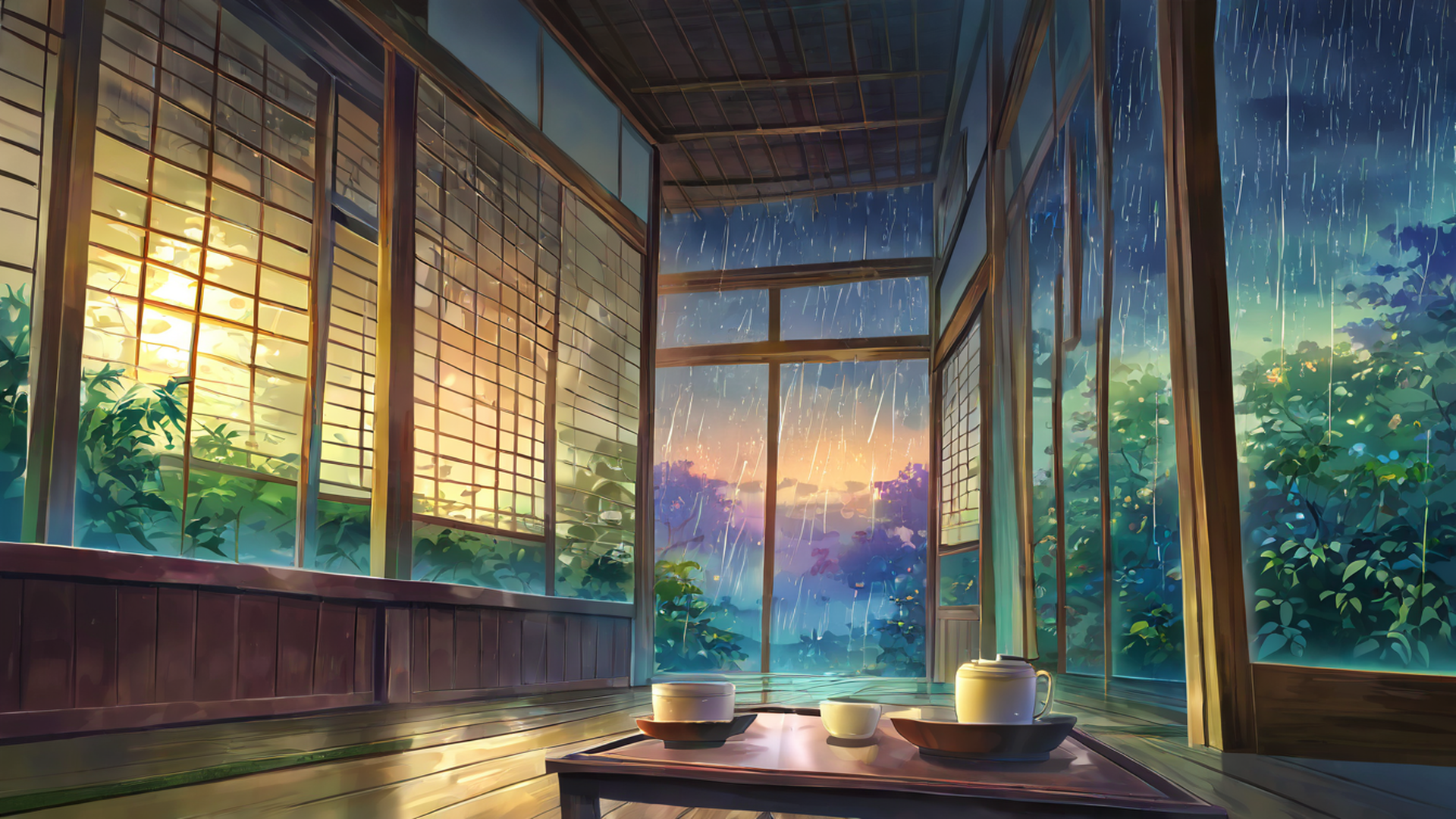 rainy porch engawa lofi wallpaper