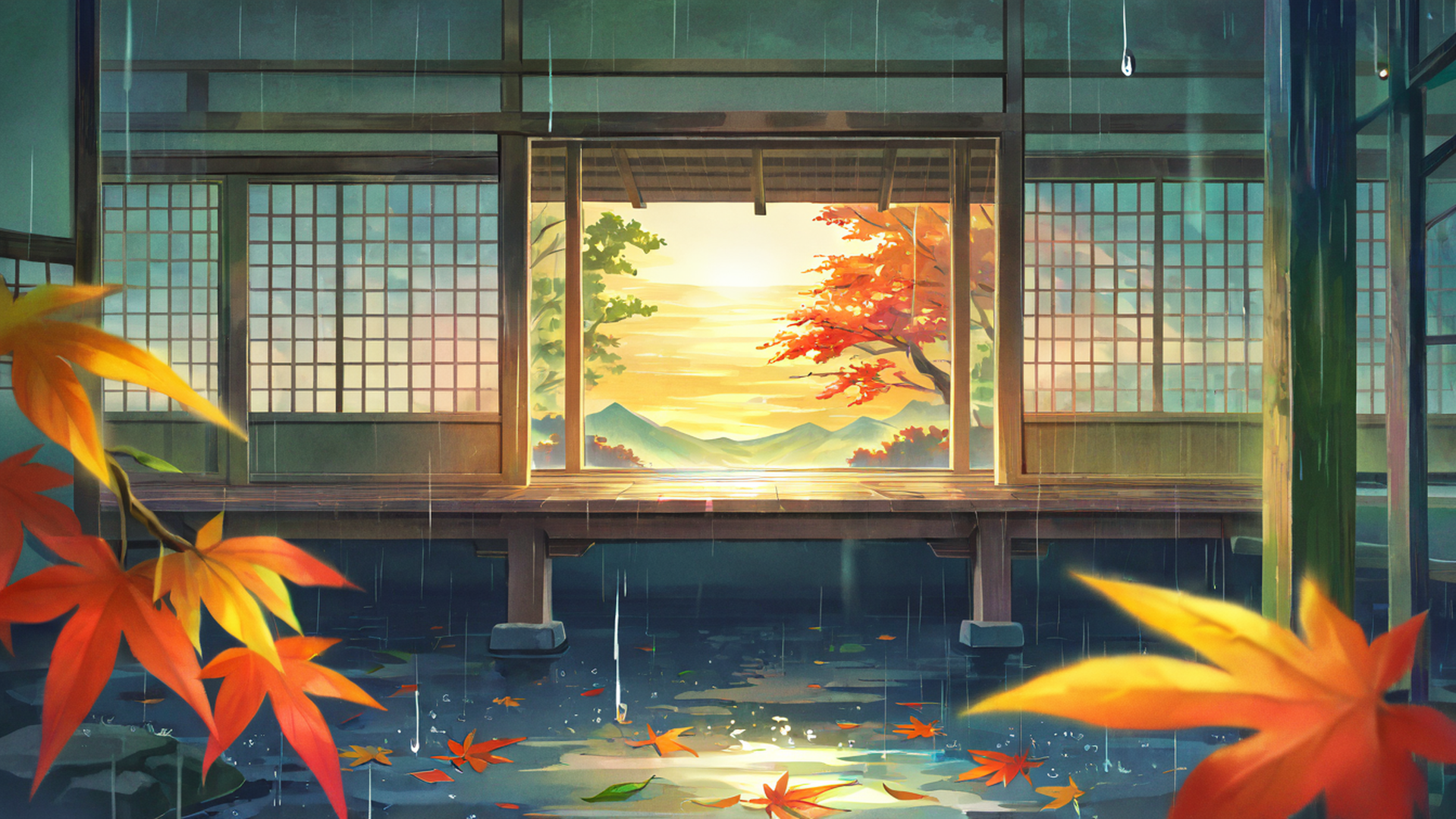 rainy porch engawa lofi wallpaper