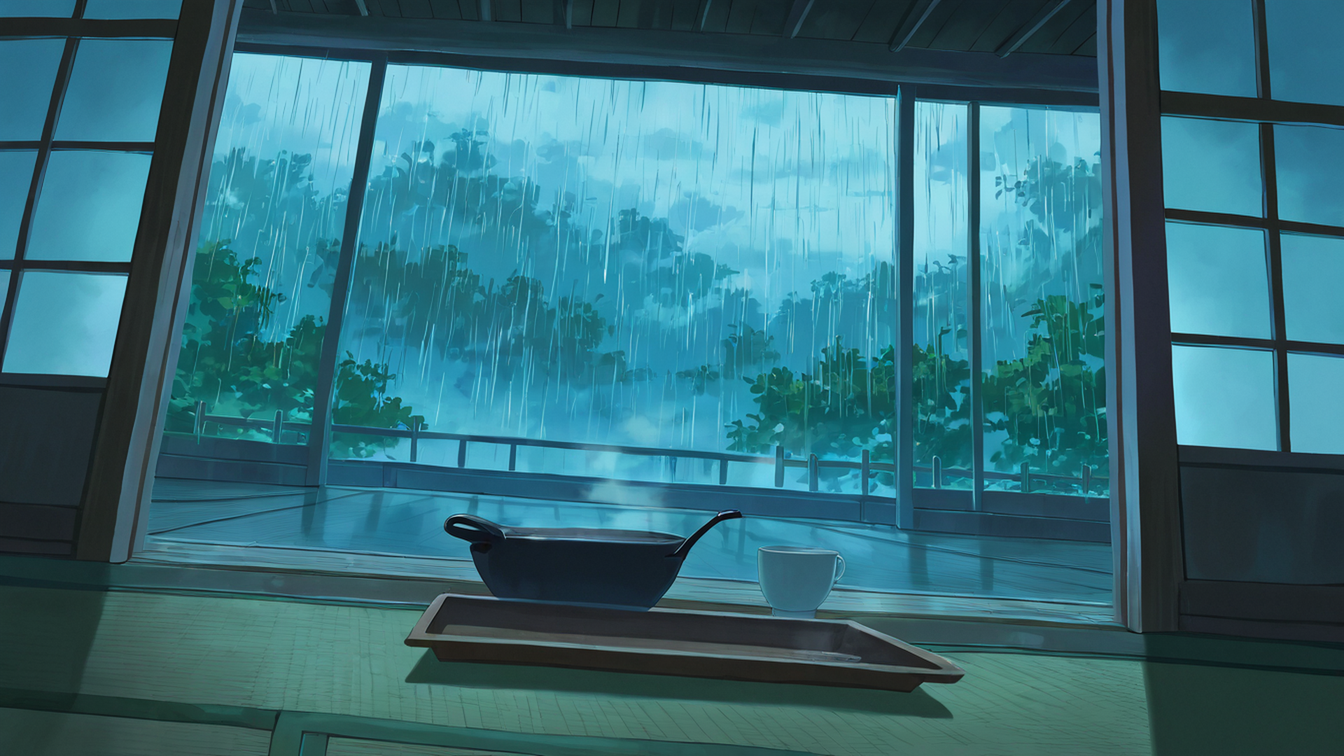 rainy porch engawa lofi wallpaper