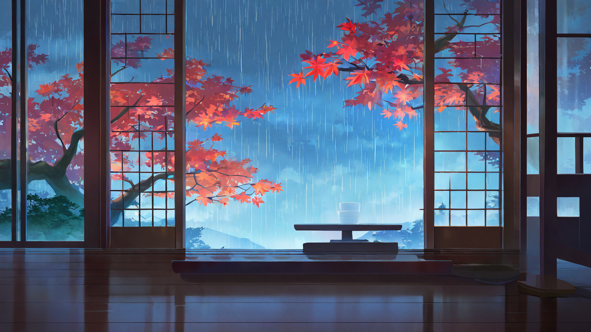 rainy porch engawa lofi wallpaper