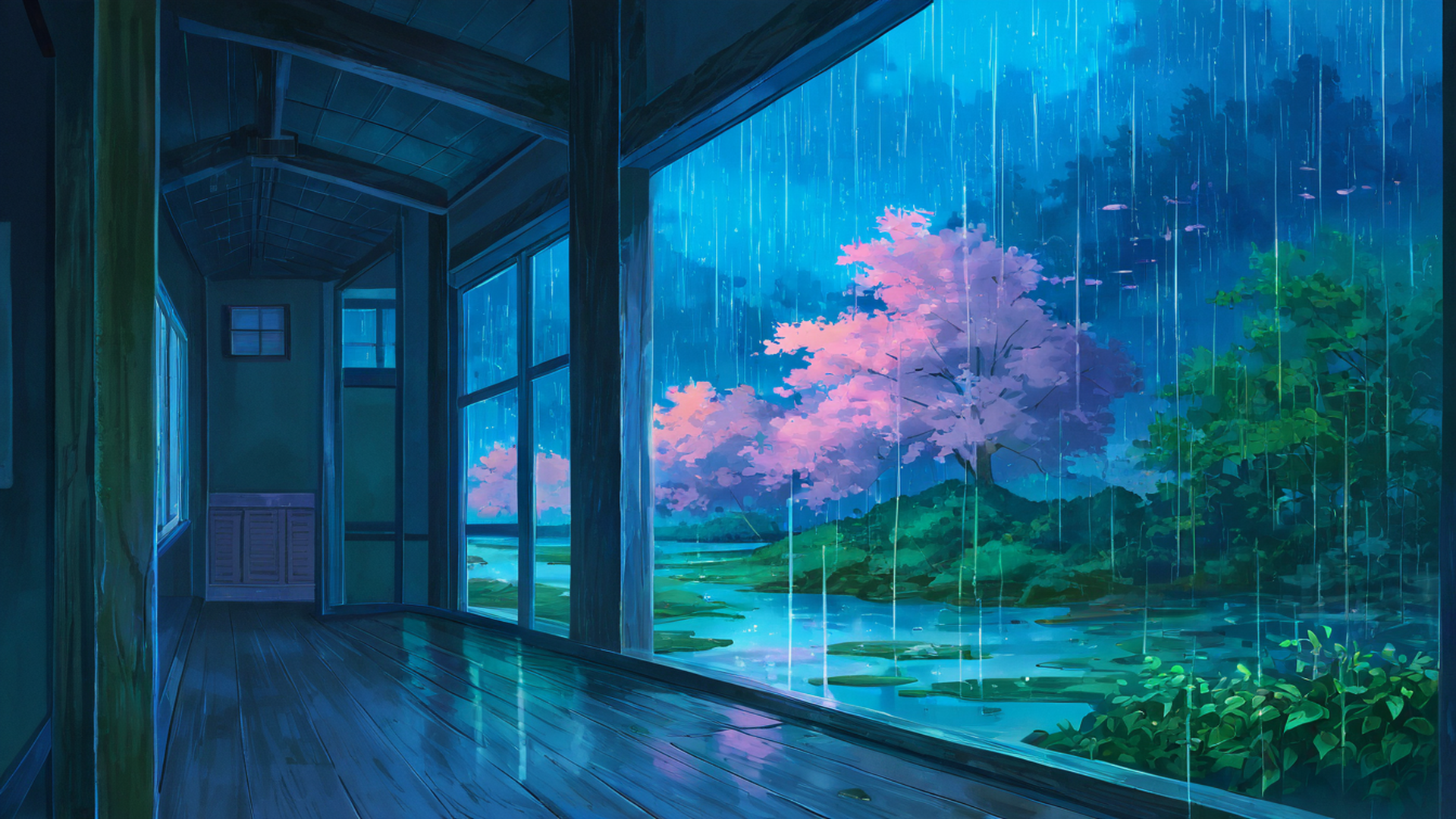 rainy porch engawa lofi wallpaper