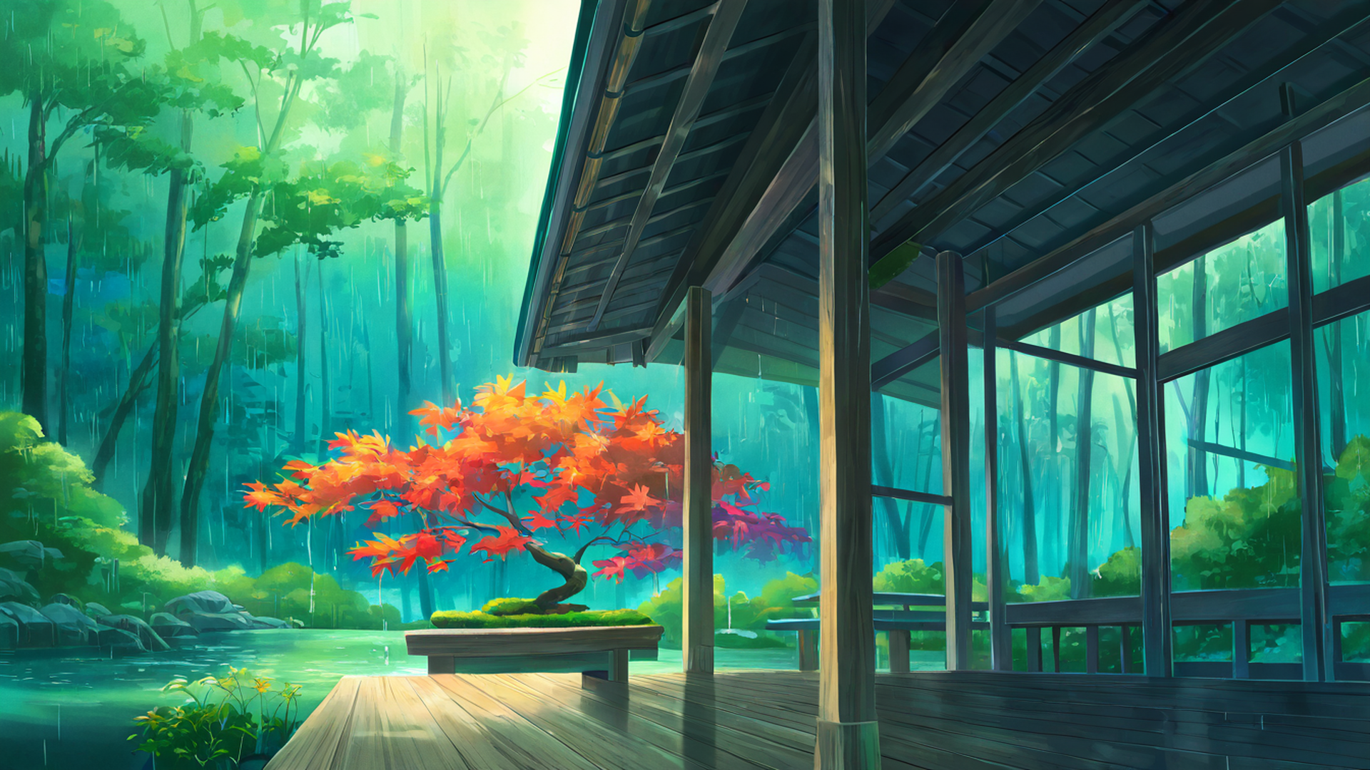 rainy porch engawa lofi wallpaper